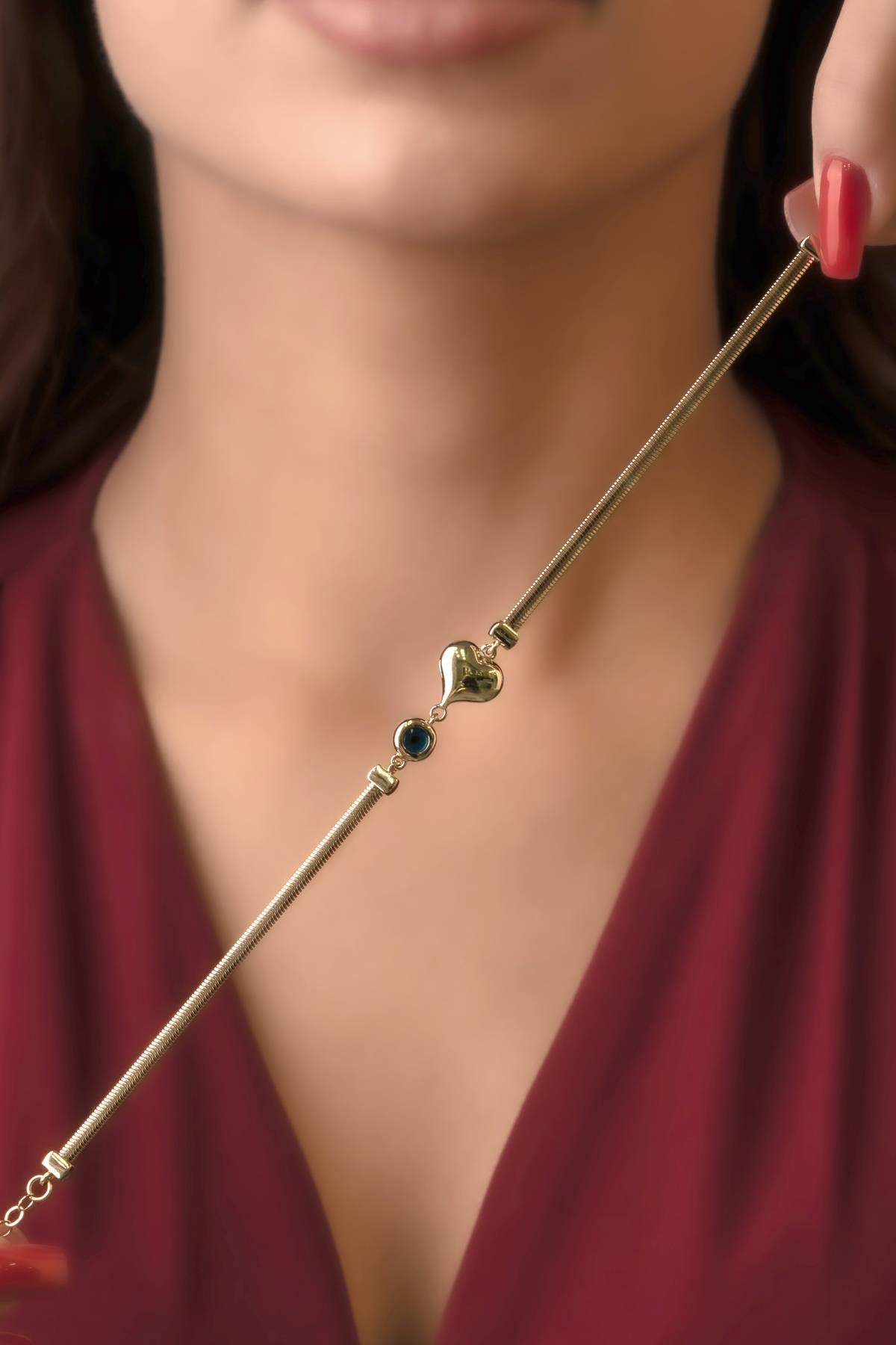 14K Gold Classic Snake Chain Bracelet With Puffy Heart Evil Eye Charm