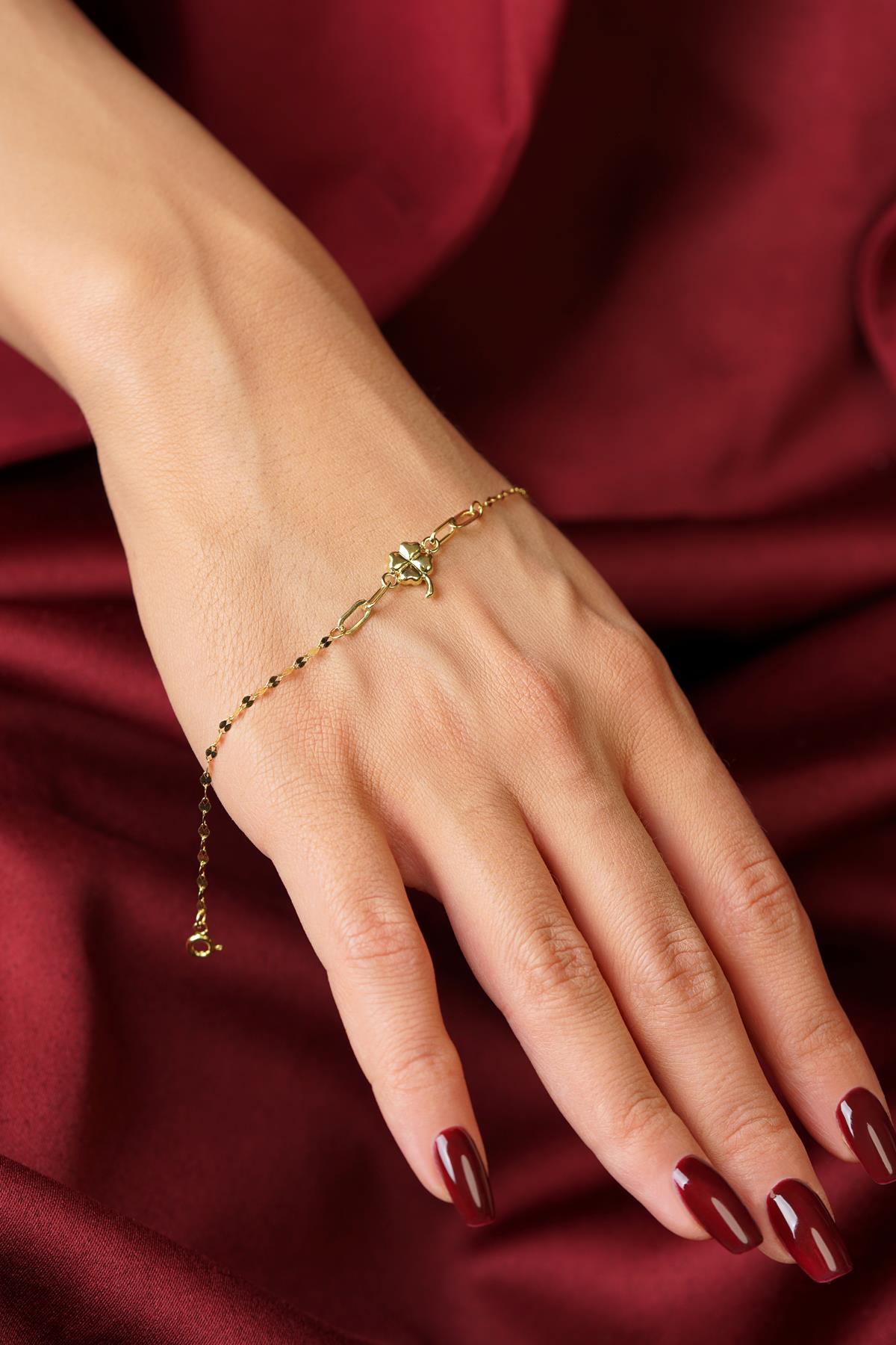 14K Gold Clover Charm Mirror Bracelet