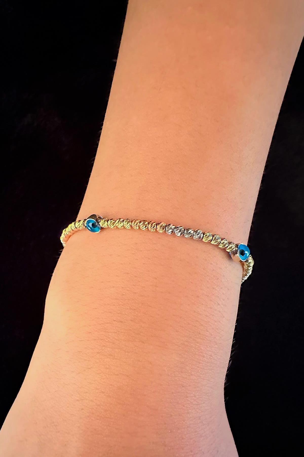 14K Solid Gold Colored Beaded Dorica 3 Evil Eye Bracelet