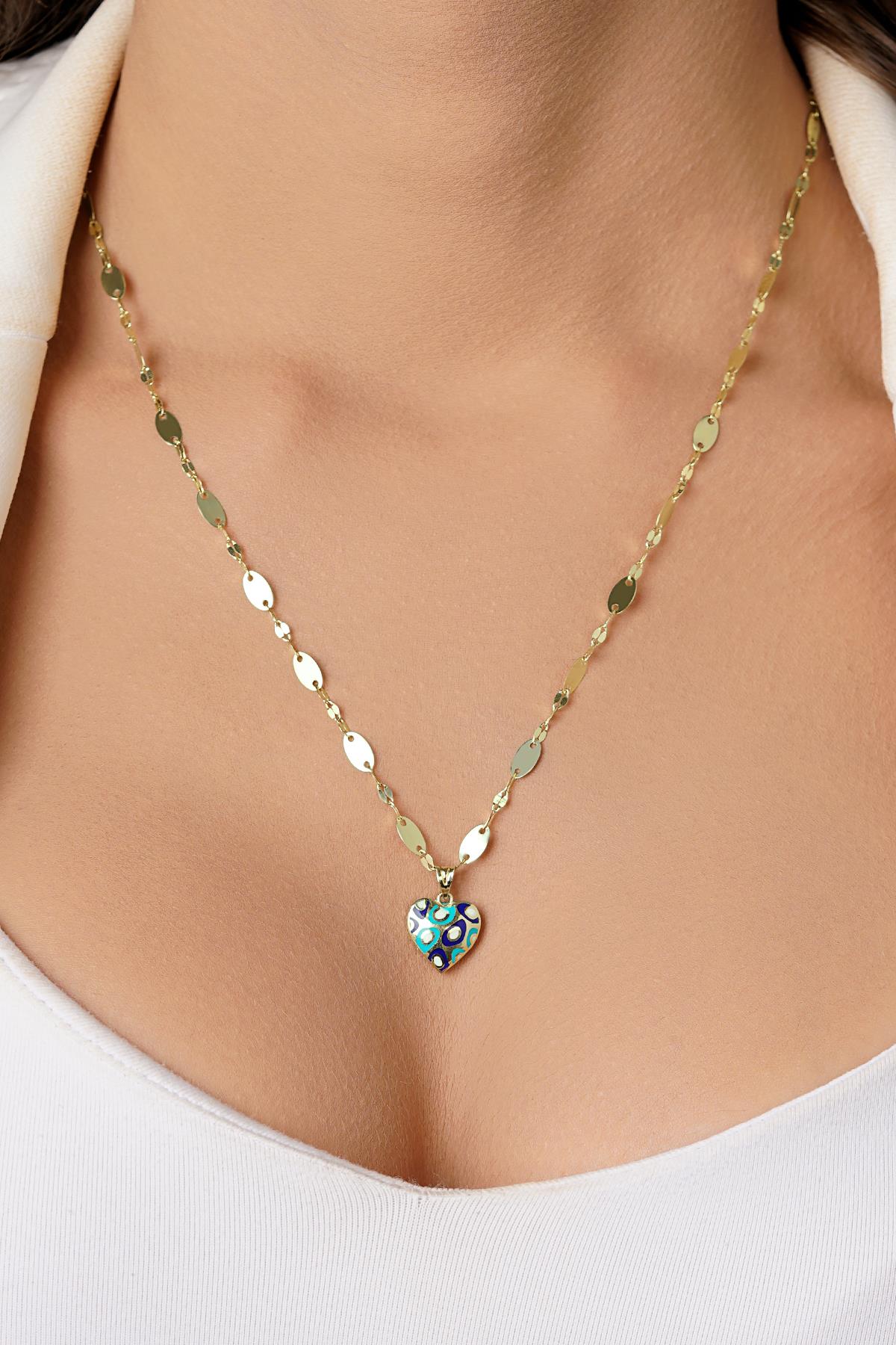 14K Gold Colorful Heart on Bold Mirror Chain