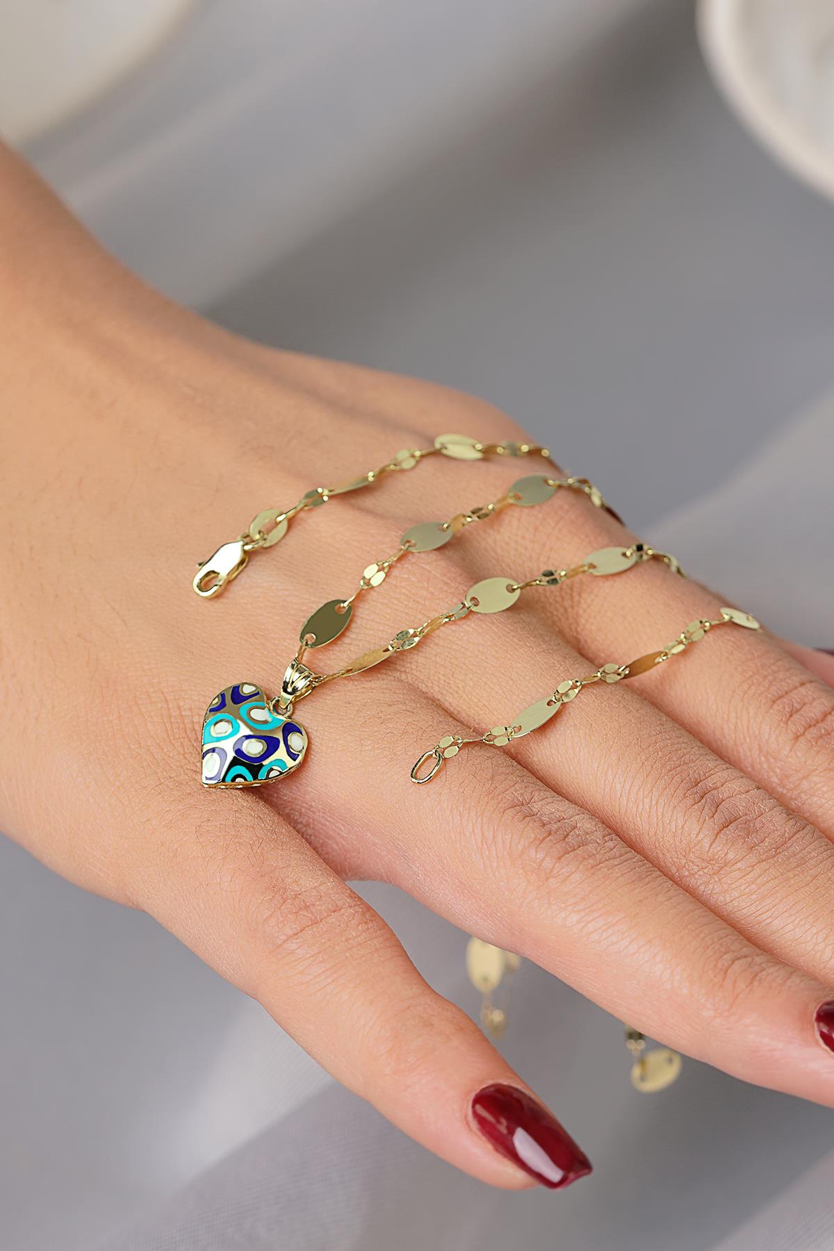 14K Gold Colorful Heart on Bold Mirror Chain