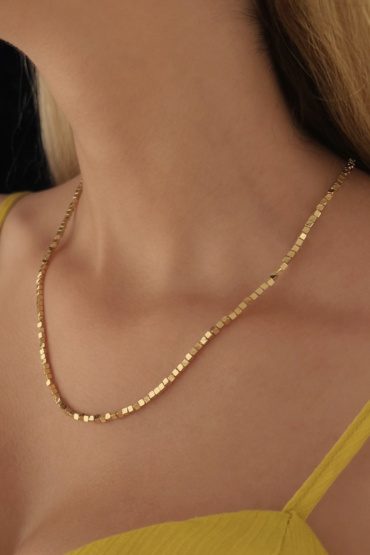 14K Gold Cube Beaded Necklace