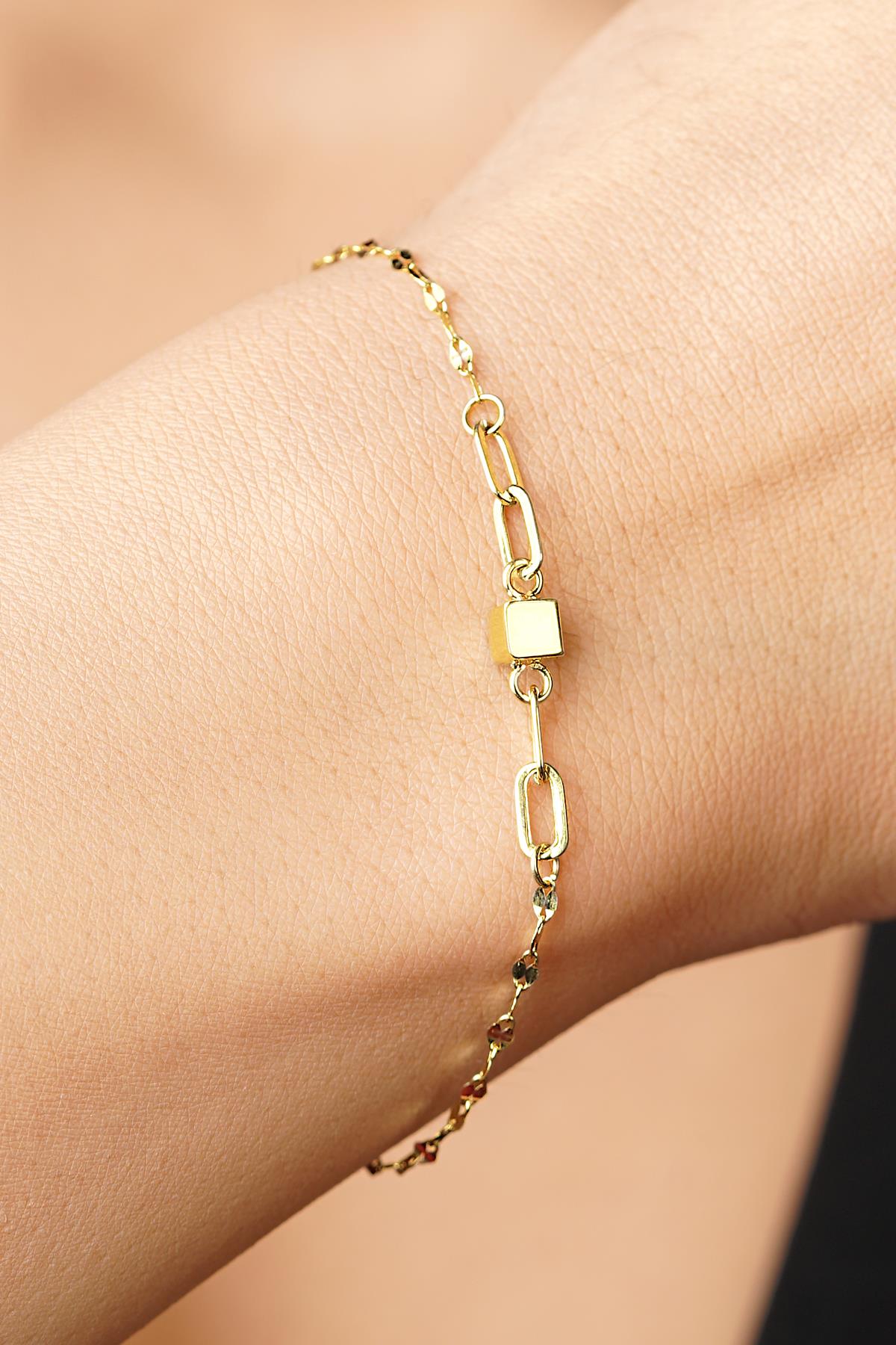 14K Gold Cube Charm Mirror Bracelet
