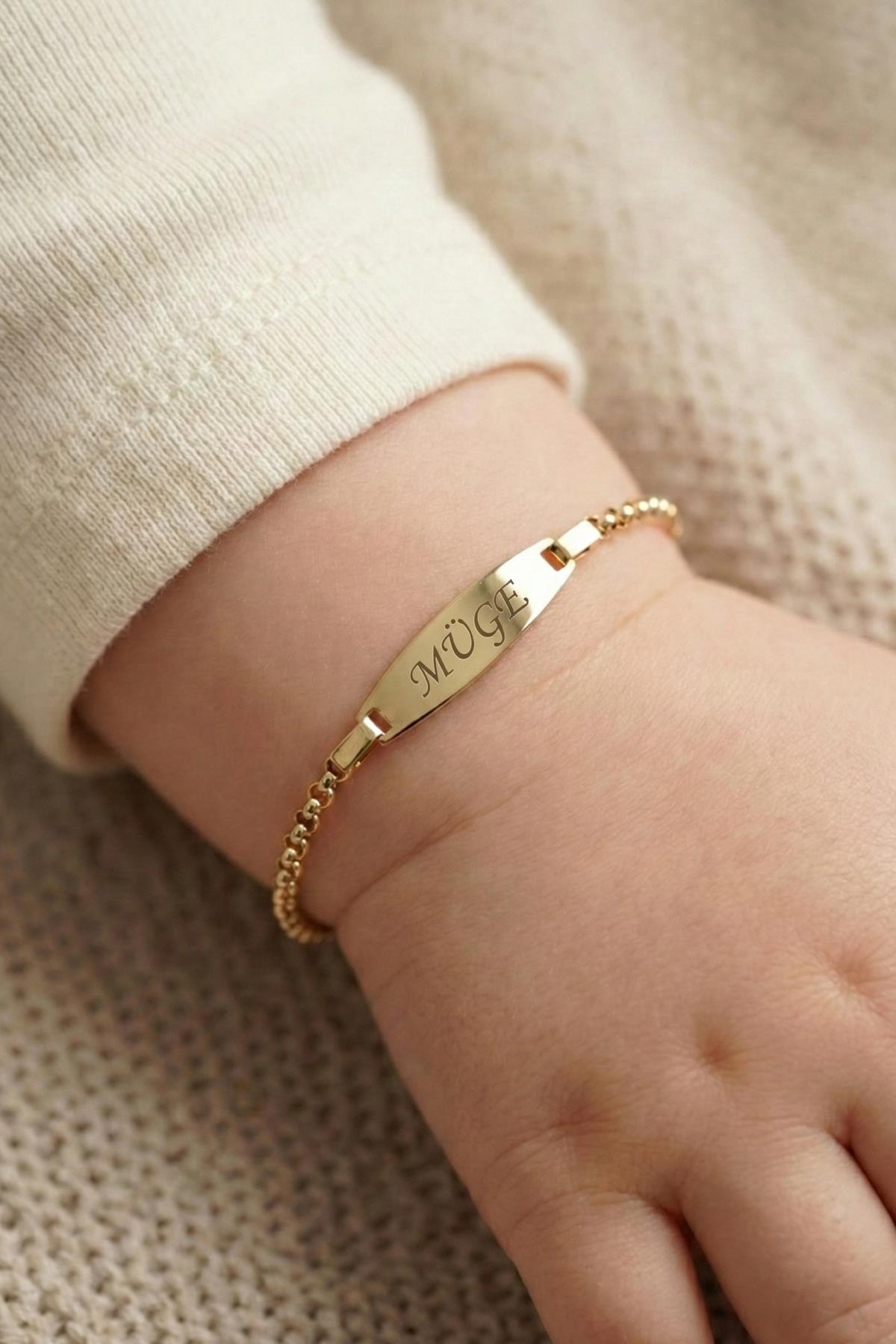 14K Gold D-Link Oval Plate Baby ID Bracelet