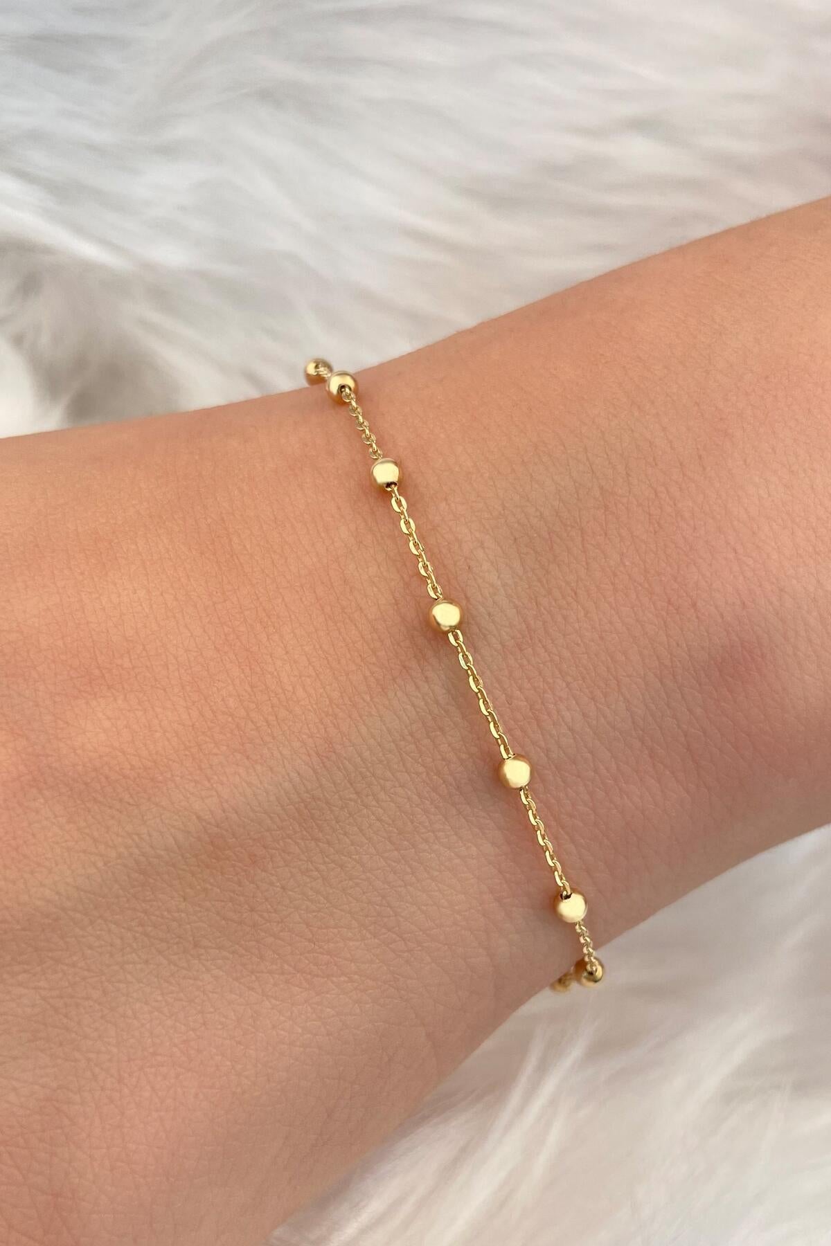 14K Gold Dainty Ball Station Bracelet