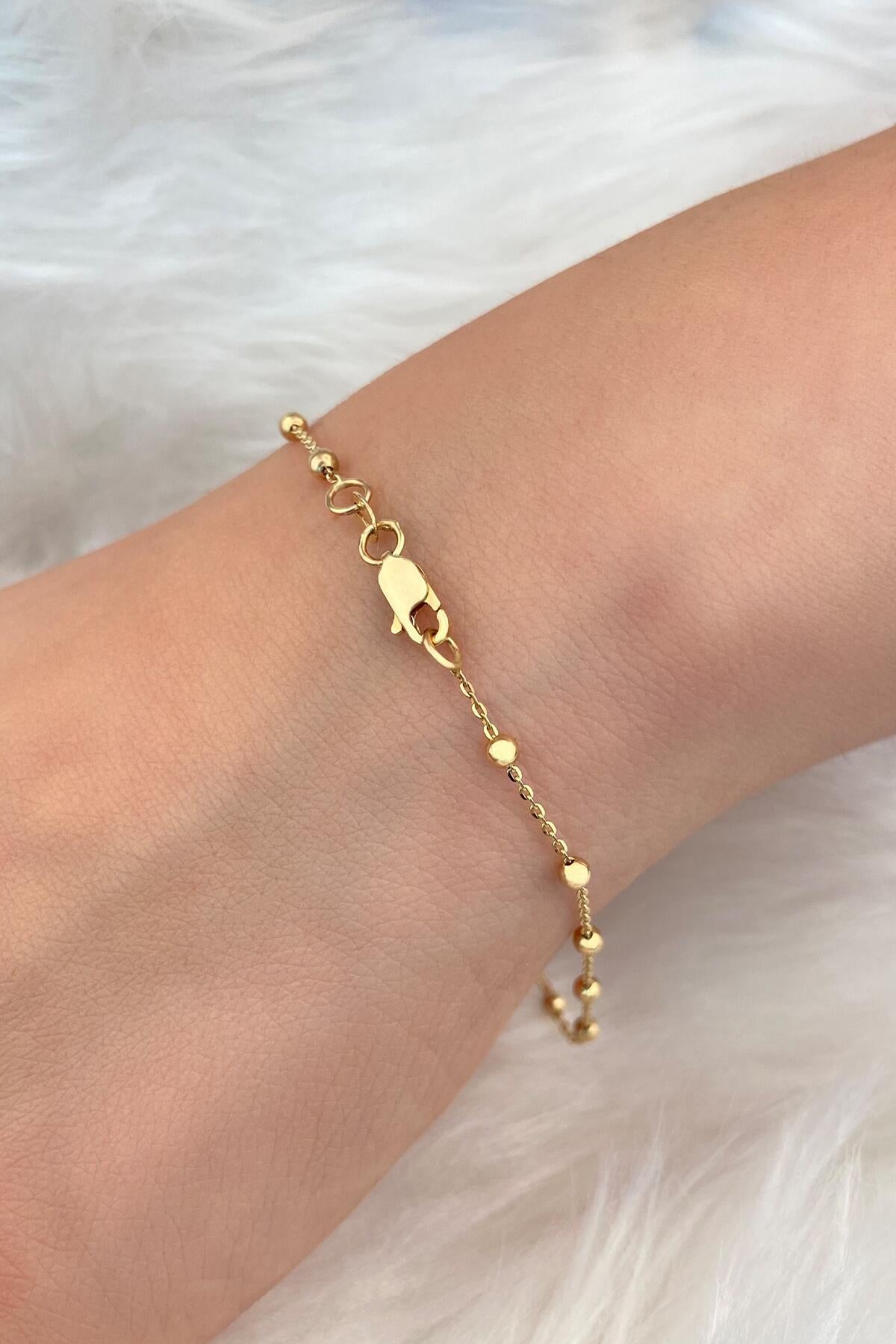14K Gold Dainty Ball Station Bracelet