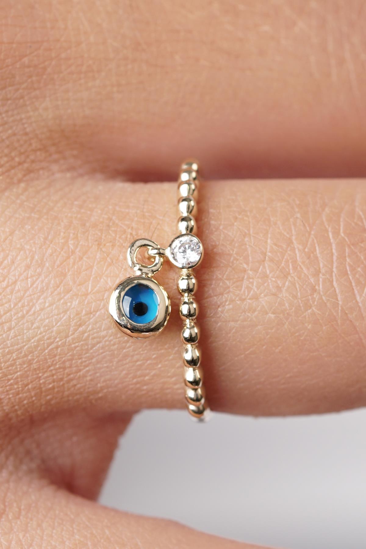14K Gold Dangle Evil Eye Ring