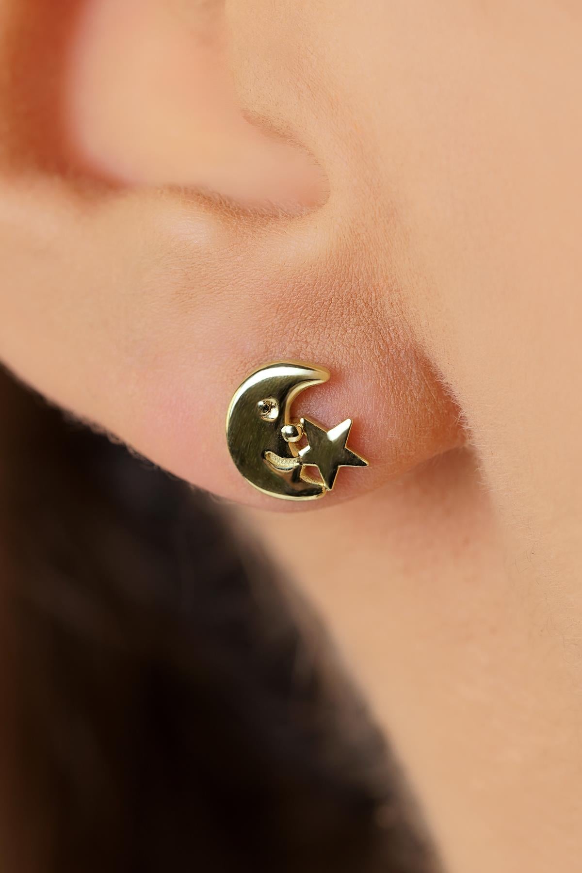 14K Gold Designer Star & Crescent Studs