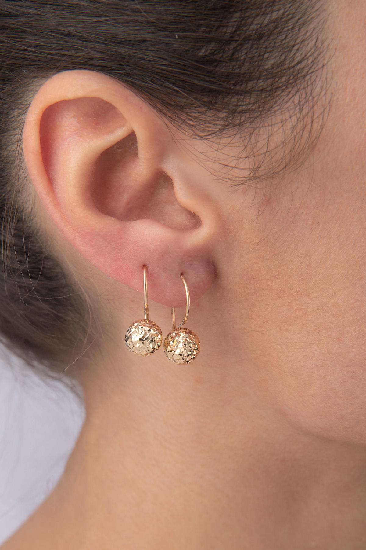 14K Gold Diamond _ Cut Euroball Earrings ( Medium )