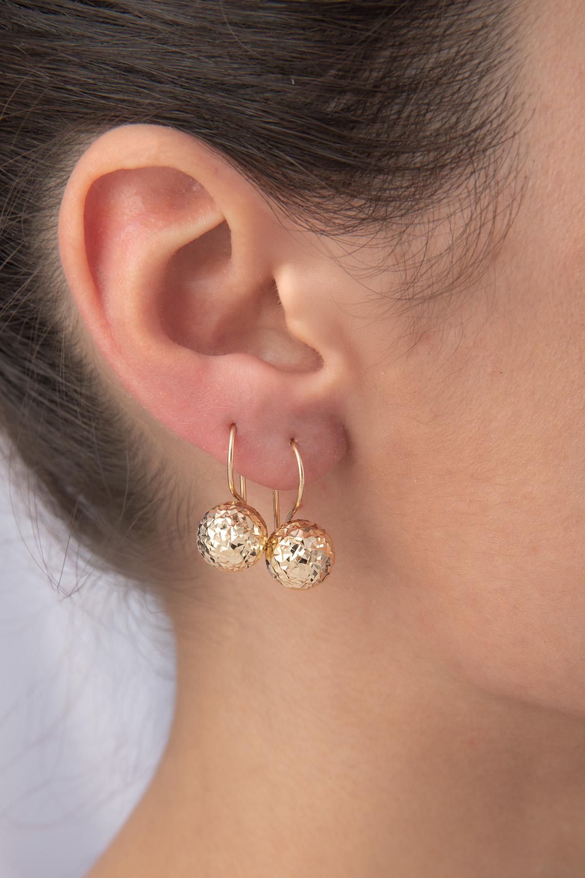 14K Gold Diamond _ Cut Euroball Earrings ( Medium )