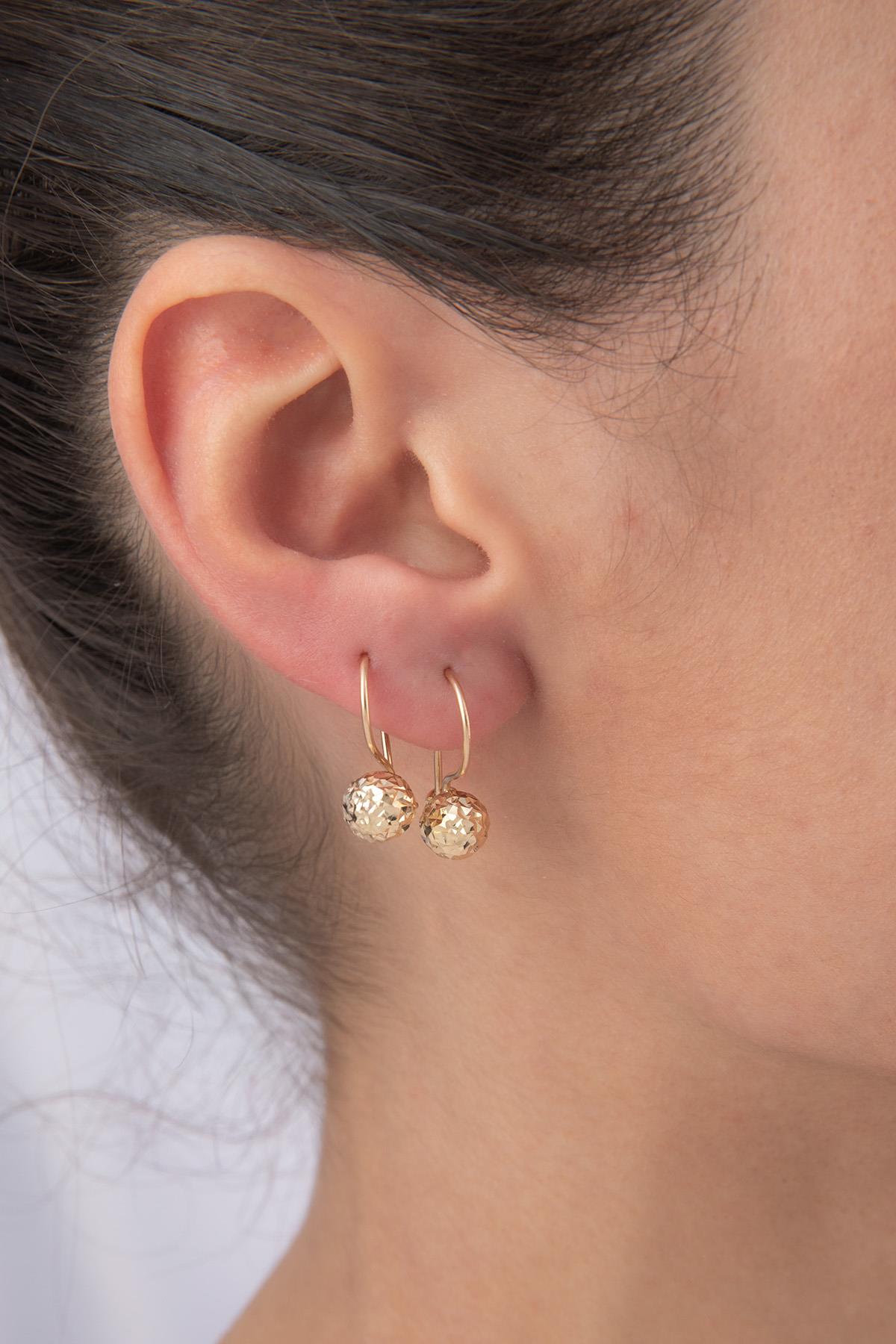 14K Gold Diamond _ Cut Euroball Earrings ( Small )