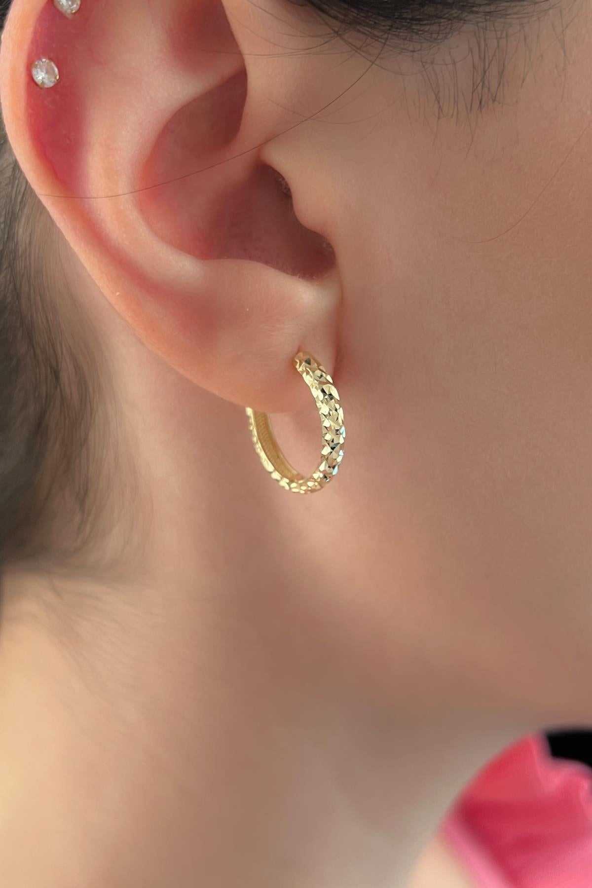 14K Gold Diamond Cut Huggie Earrings 5