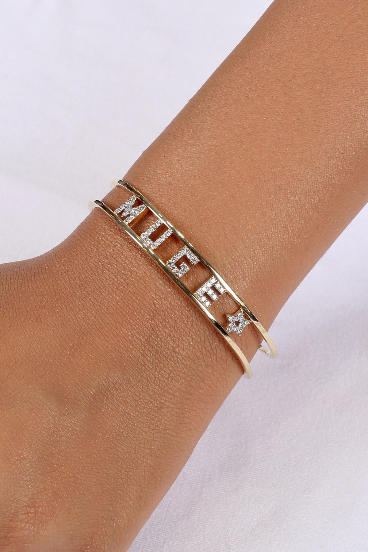 14K Gold Diamond Personalized Cuff Bracelet