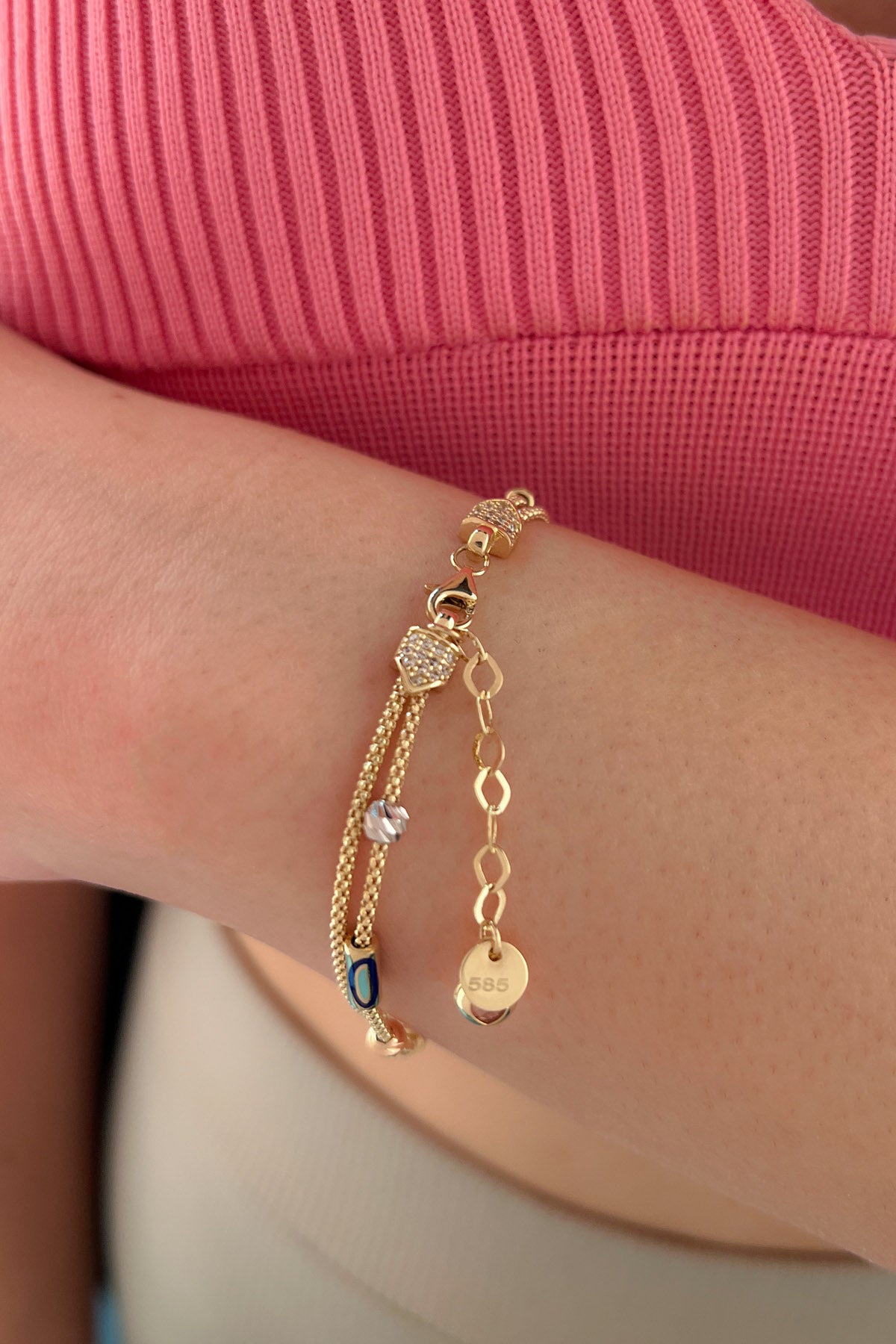 14K Gold Double Fox Tail Bracelet with Evil Eye Detail
