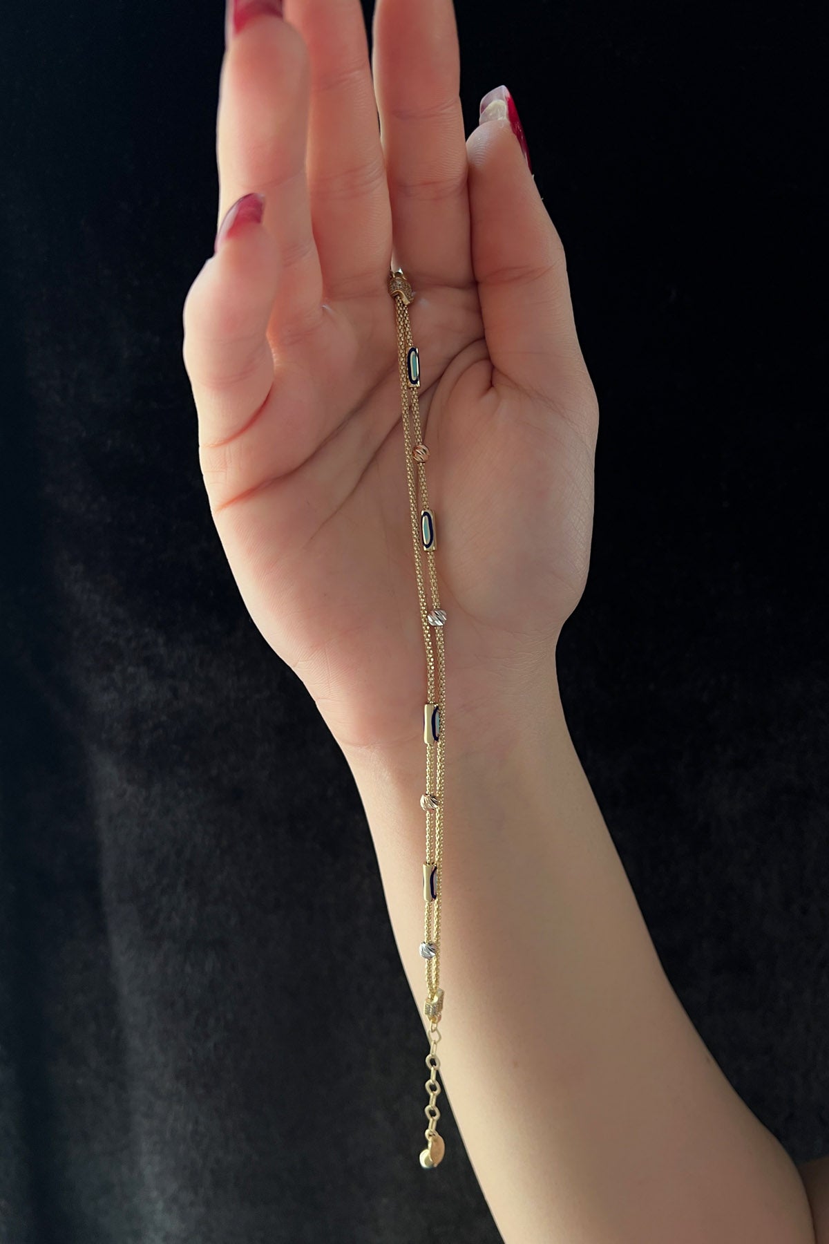 14K Gold Double Fox Tail Bracelet with Evil Eye Detail