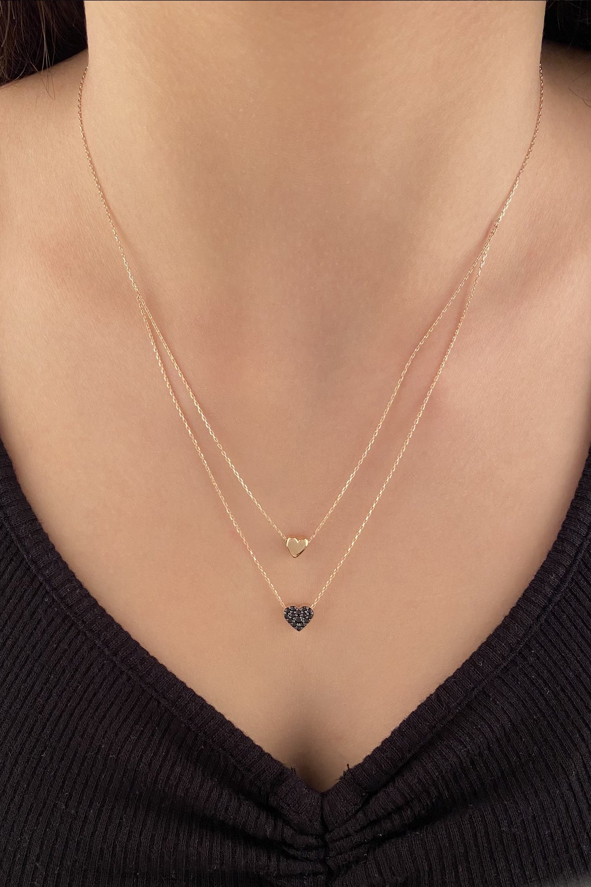 14K Gold Double Layer Black Stone Heart Necklace