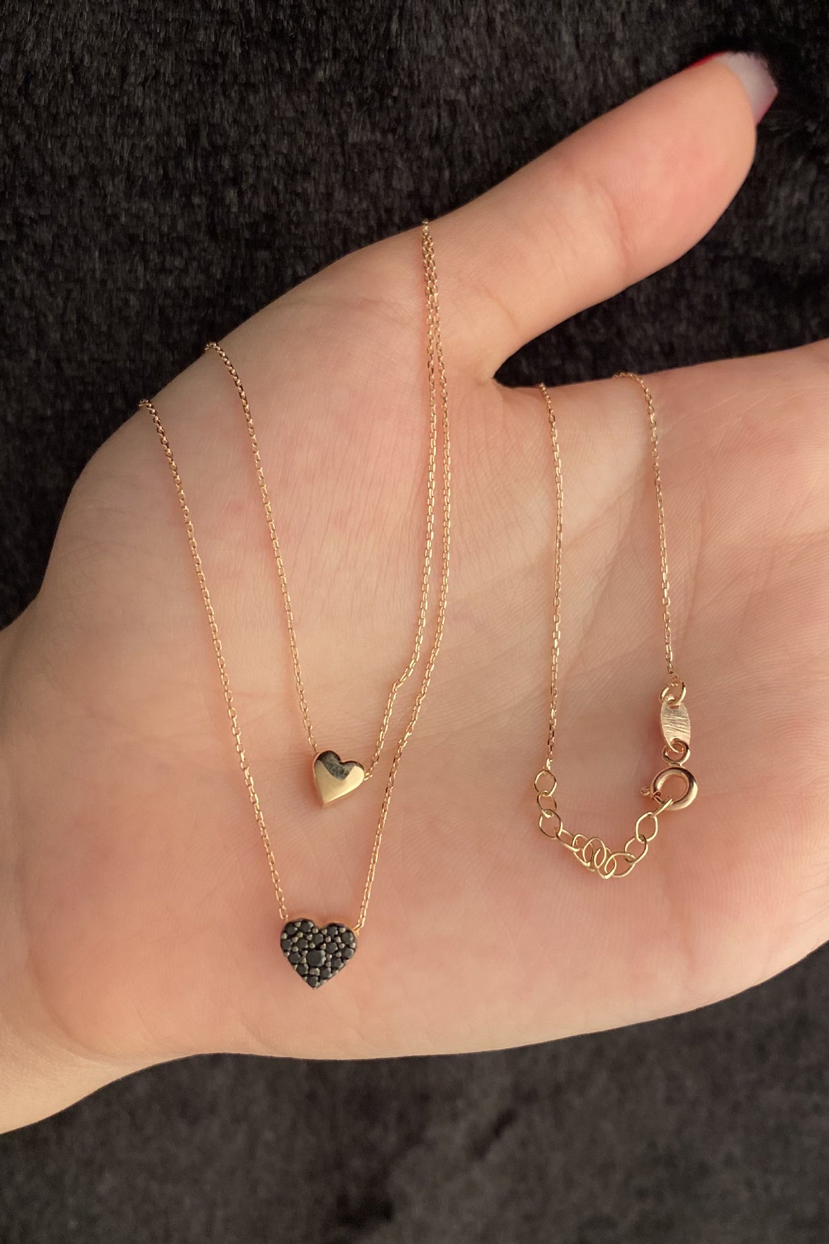14K Gold Double Layer Black Stone Heart Necklace