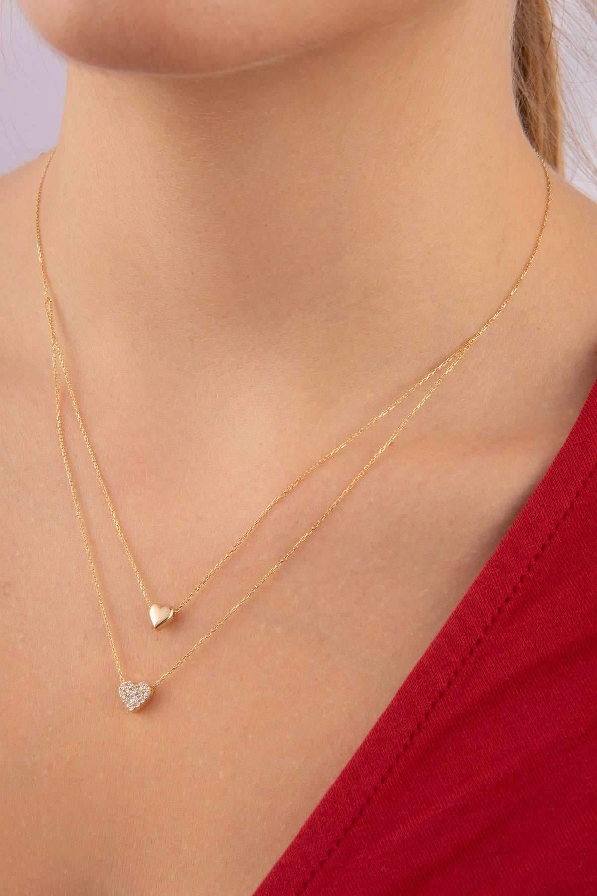 14K Gold Double Layer White Stone Heart Necklace