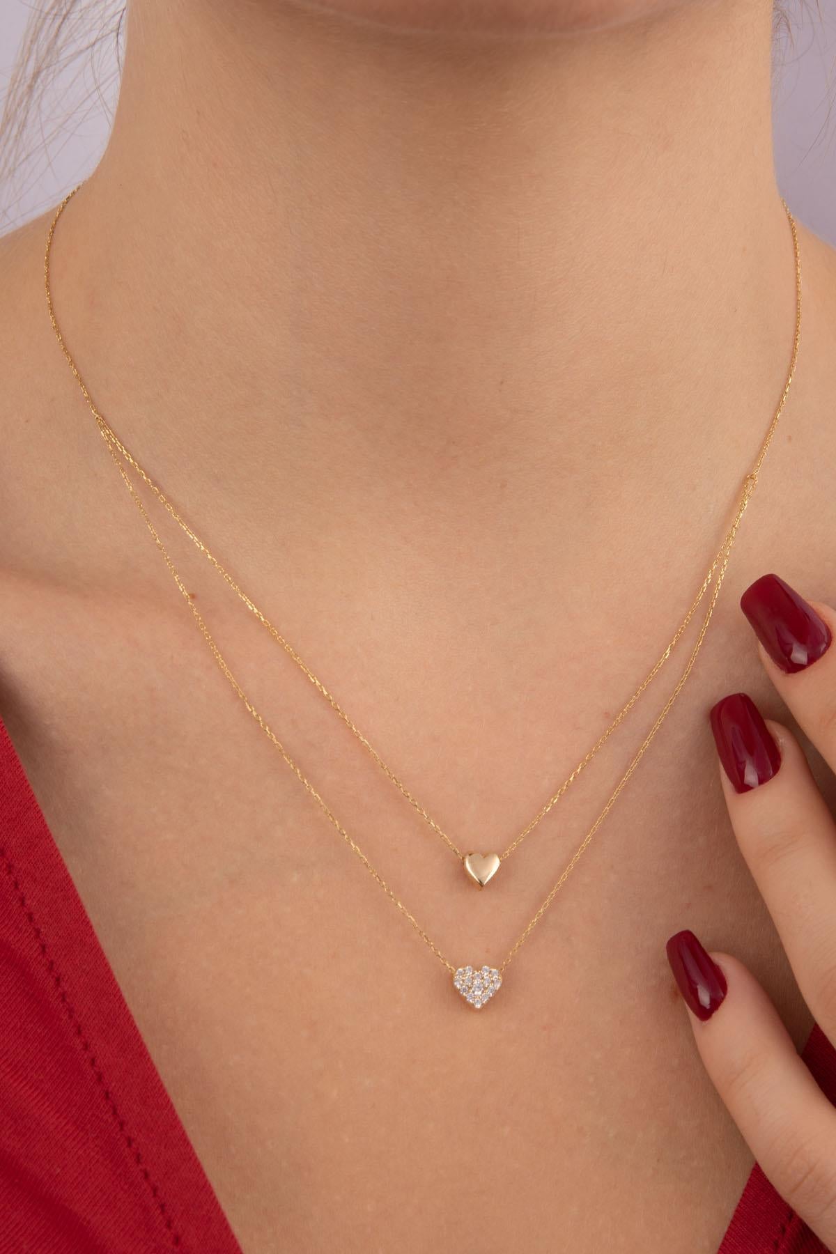 14K Gold Double Layer White Stone Heart Necklace