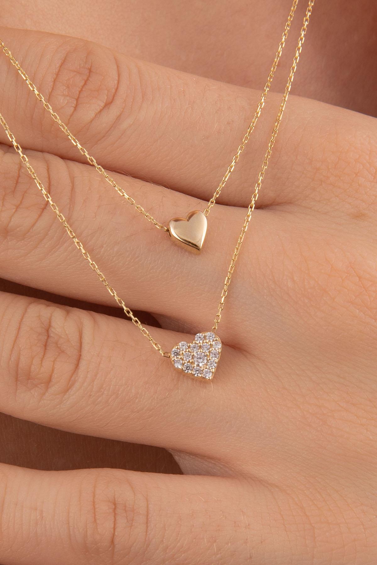 14K Gold Double Layer White Stone Heart Necklace