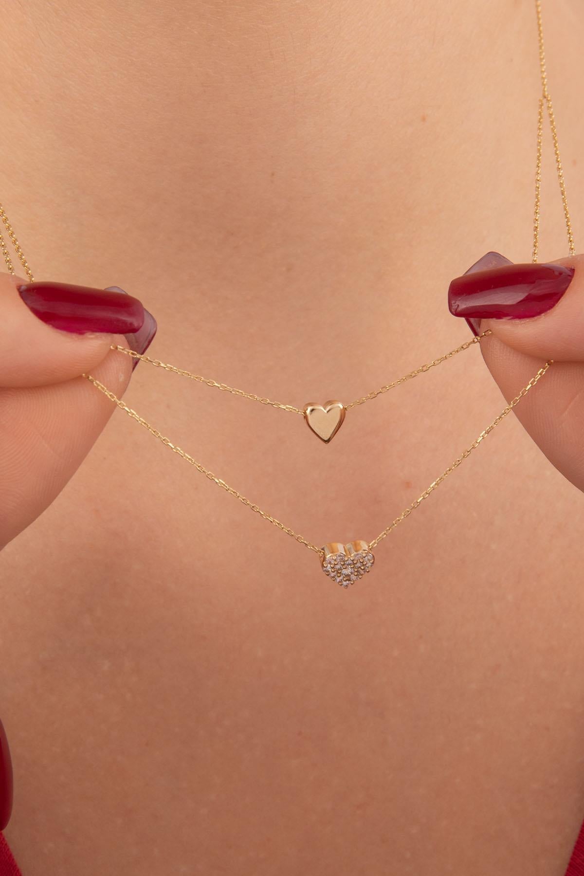 14K Gold Double Layer White Stone Heart Necklace
