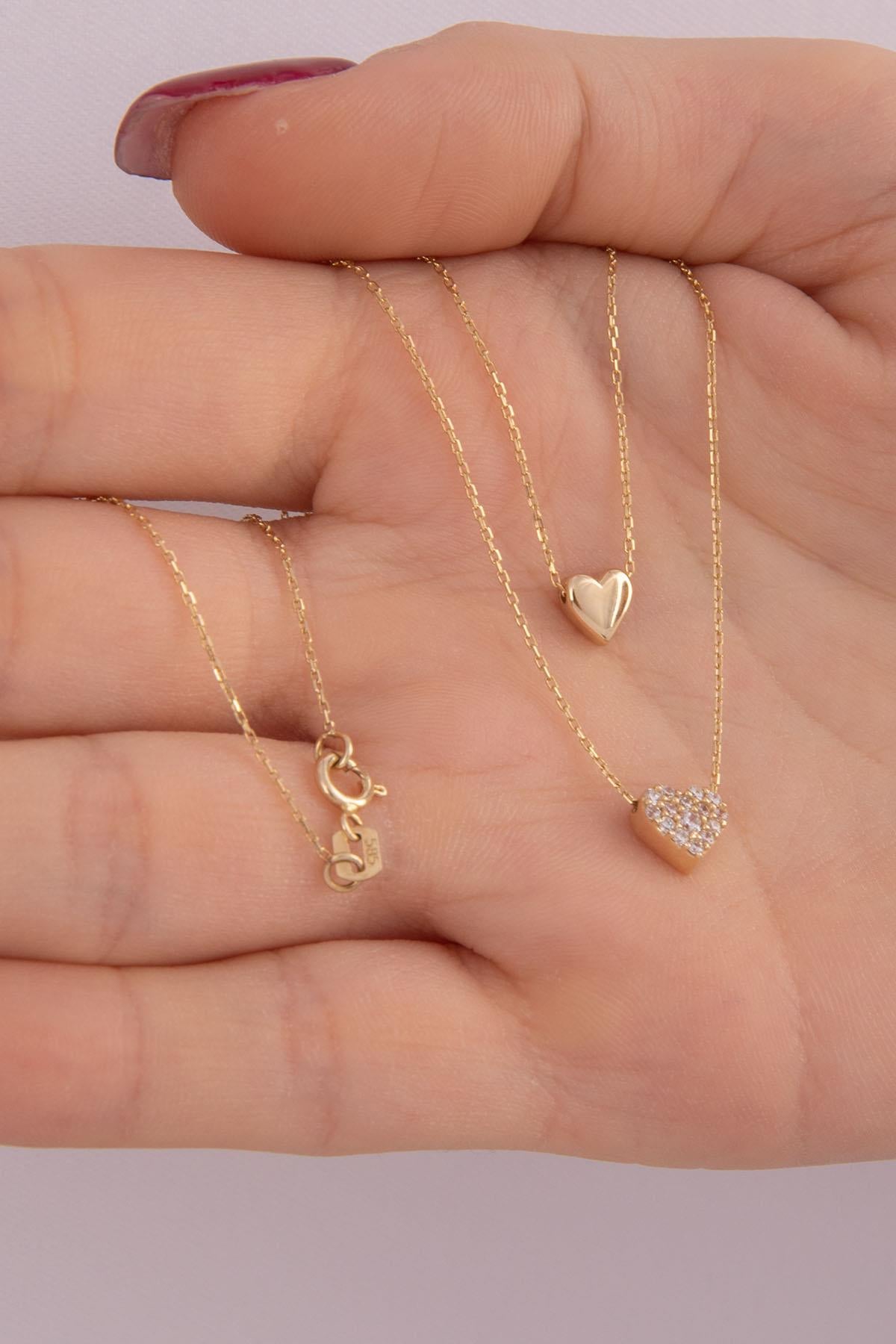 14K Gold Double Layer White Stone Heart Necklace