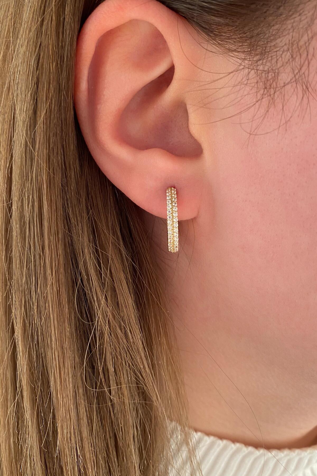 14K Gold Double Row Stone Huggie Hoop Earrings 2