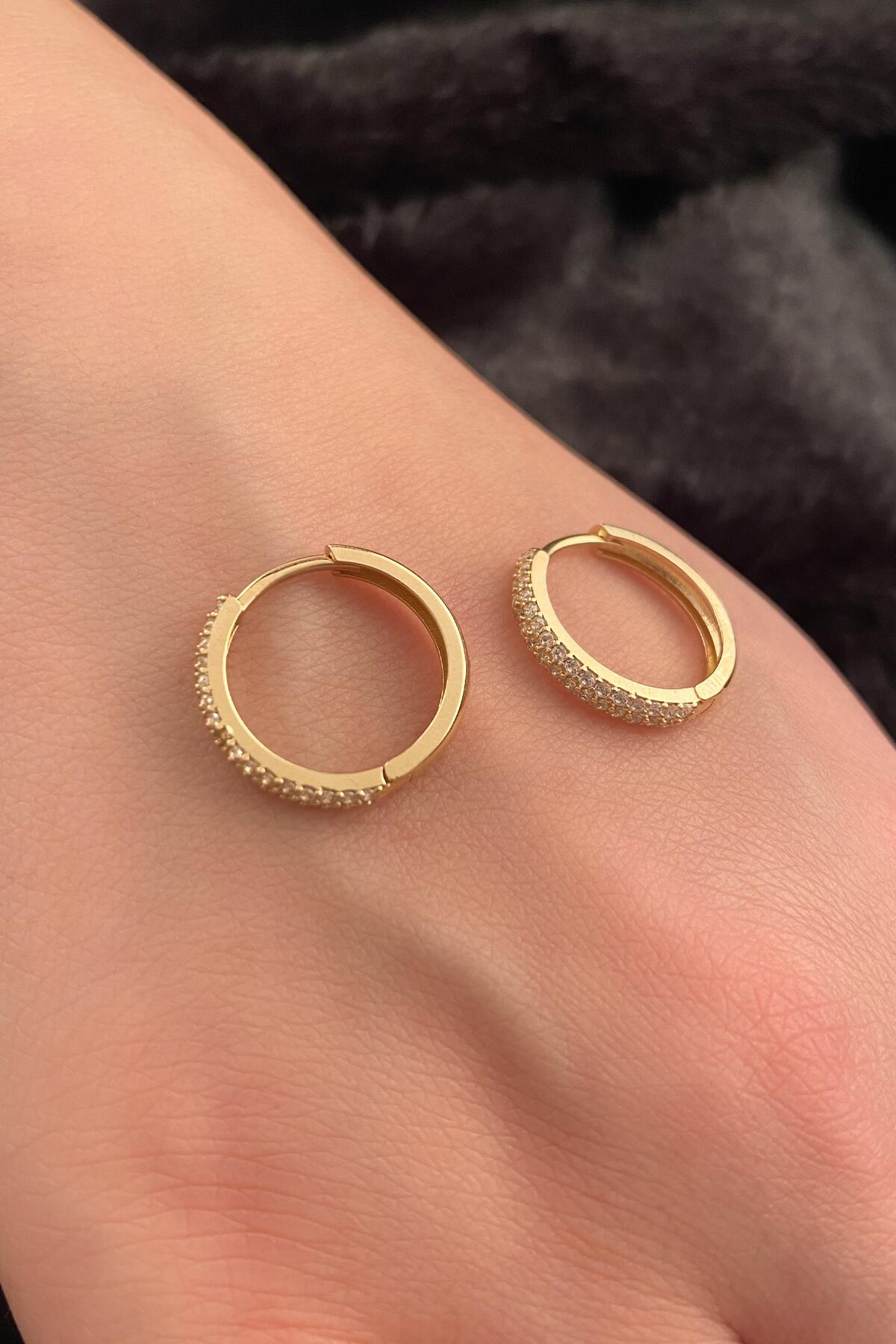 14K Gold Double Row Stone Huggie Hoop Earrings 2