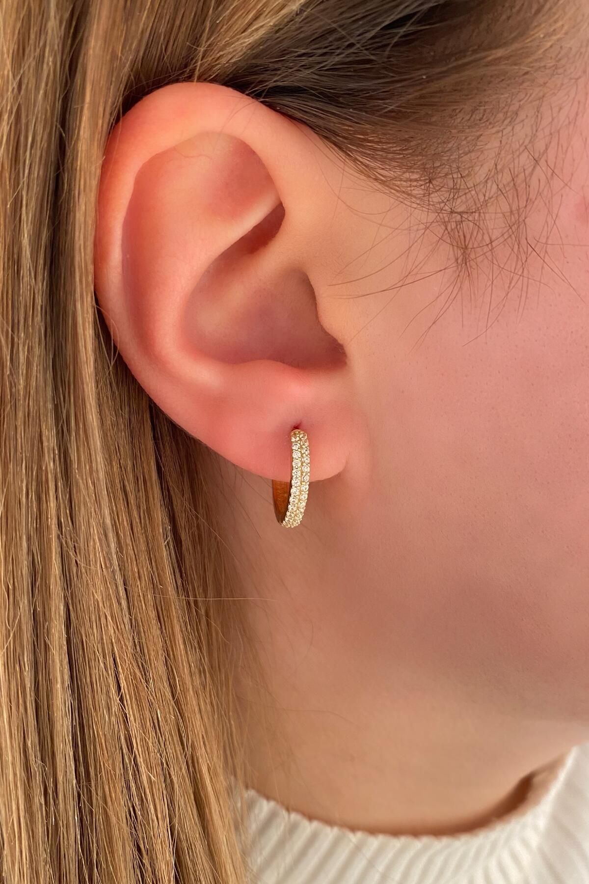 14K Gold Double Row Stone Huggie Hoop Earrings