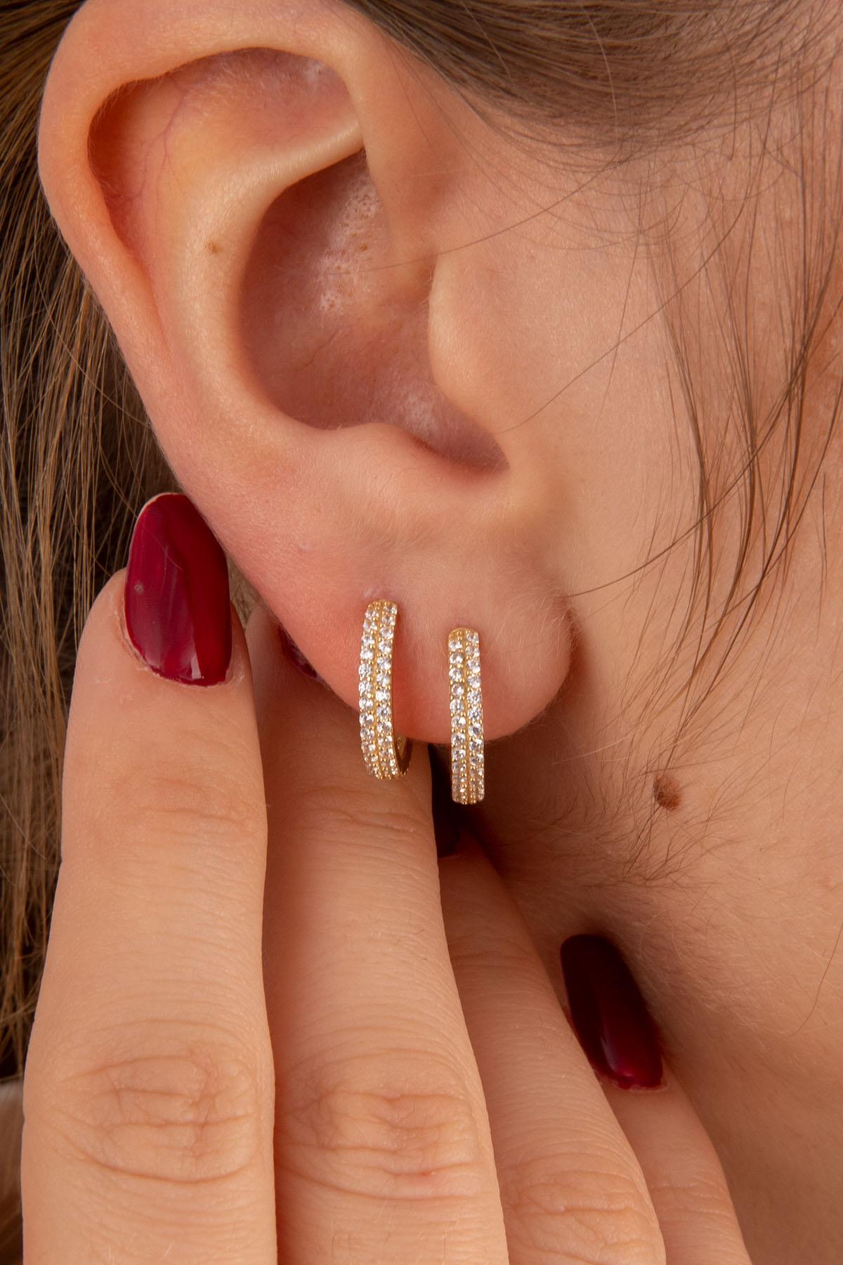 14K Gold Double Row Stone Huggie Hoop Earrings