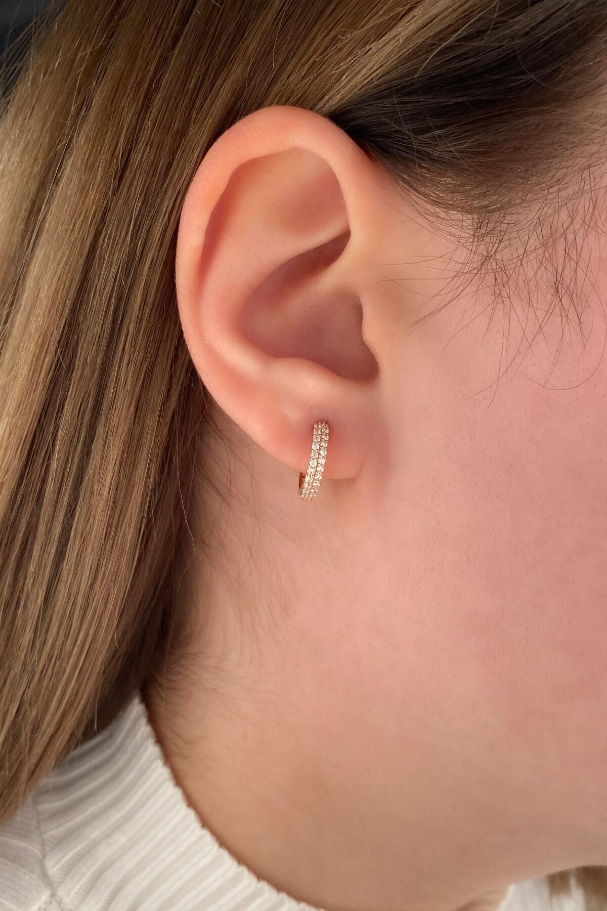 14K Gold Double Row Stone Huggie Hoop Earrings 4