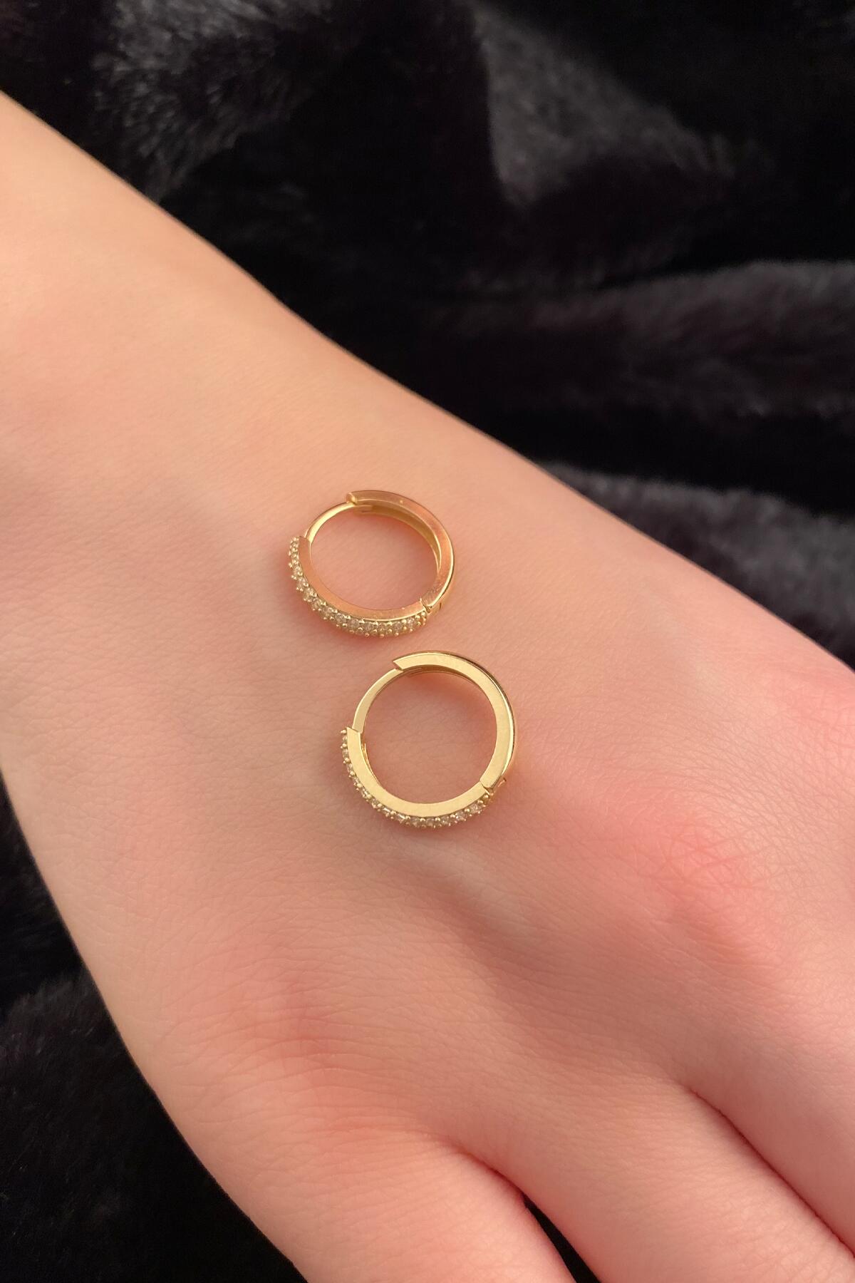 14K Gold Double Row Stone Huggie Hoop Earrings