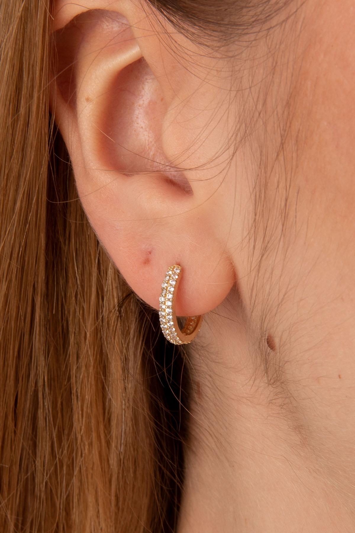 14K Gold Double Row Stone Huggie Hoop Earrings