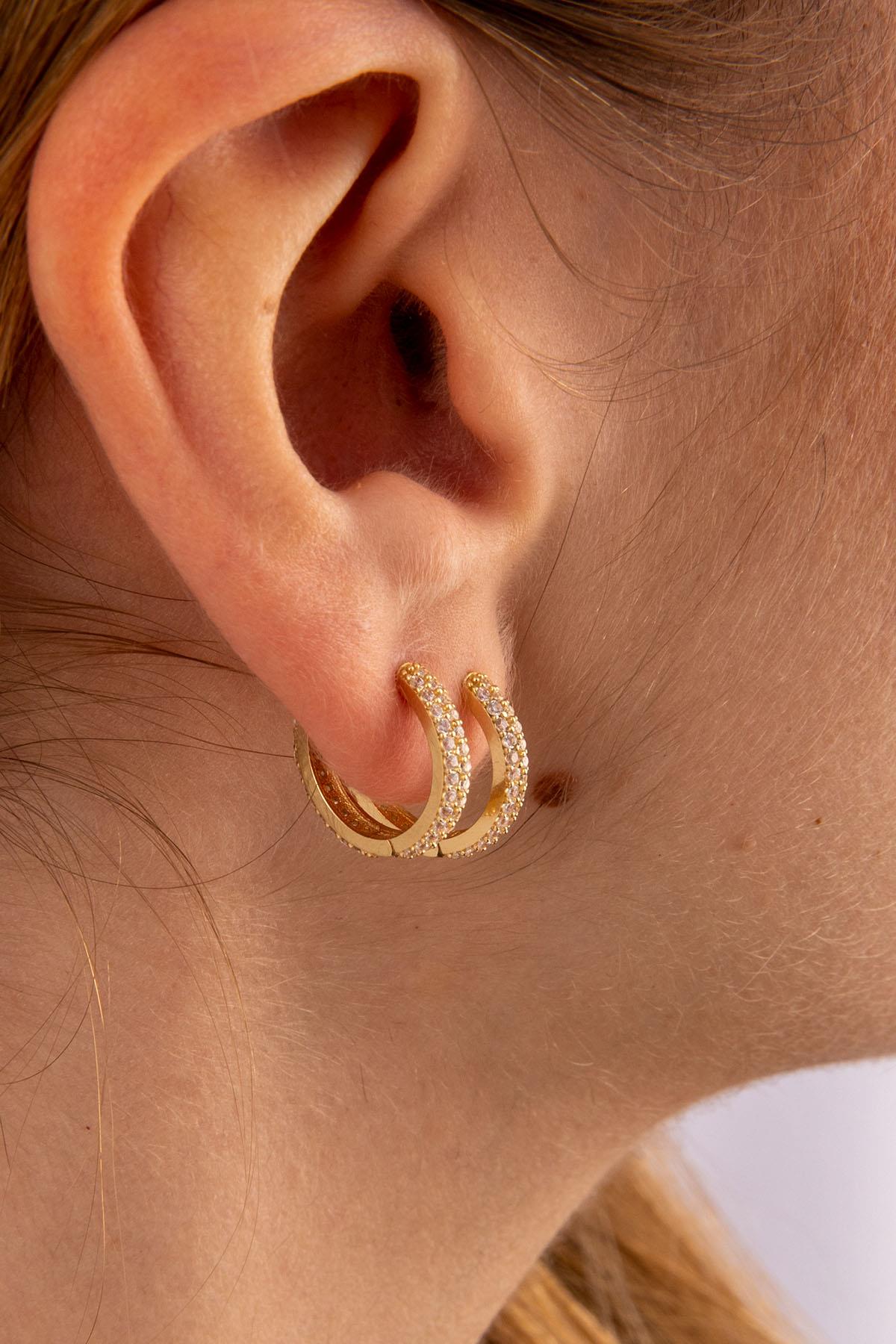 14K Gold Double Row Stone Huggie Hoop Earrings