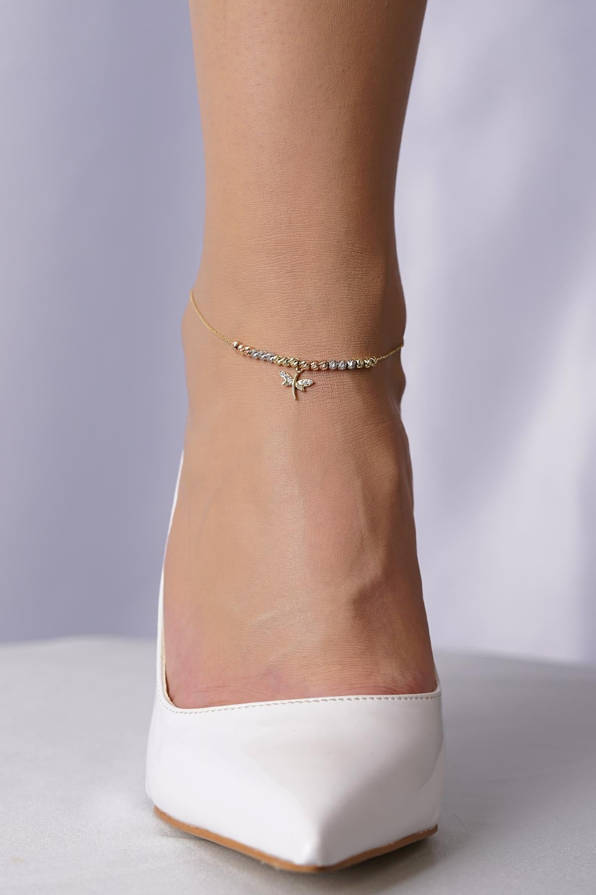 14K Gold Dragonfly Charm Beaded Anklet
