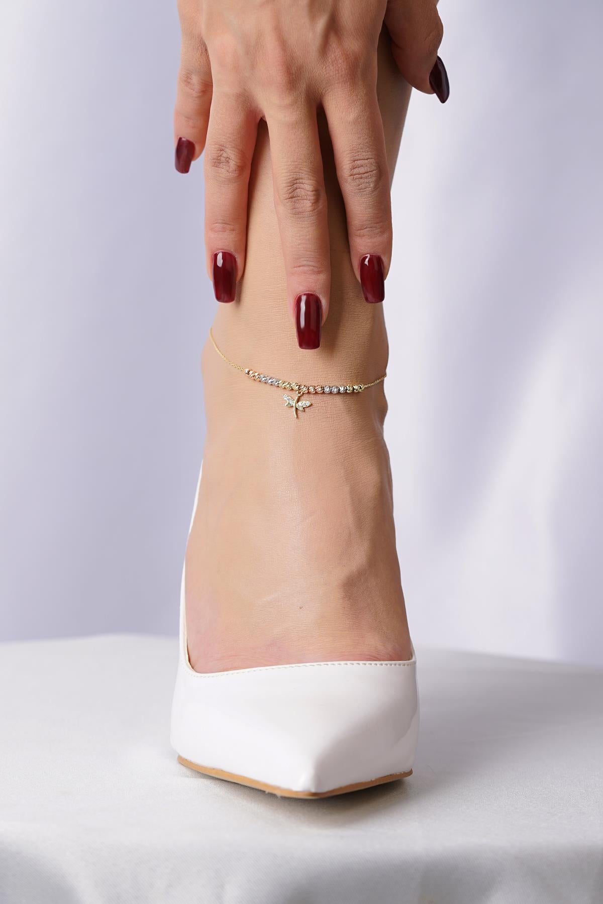 14K Gold Dragonfly Charm Beaded Anklet