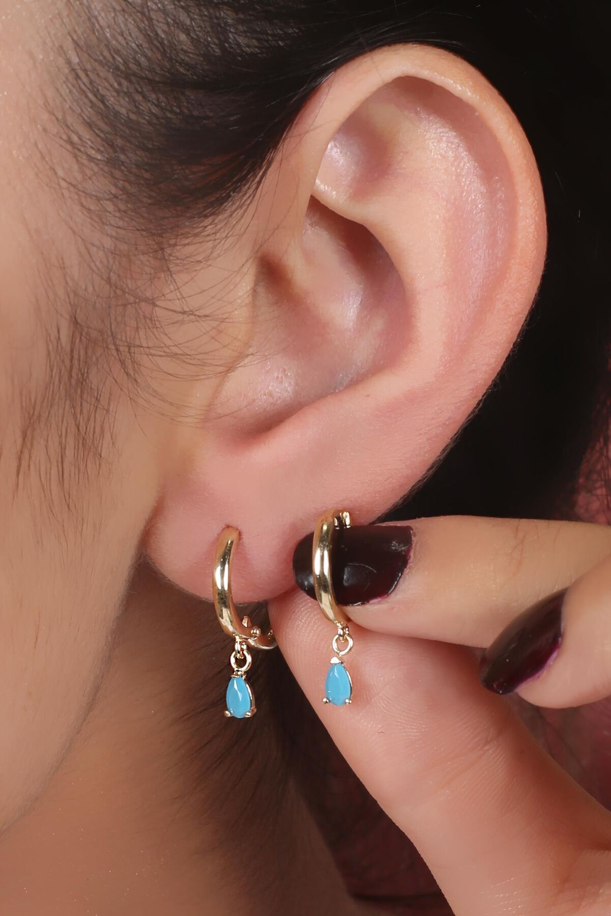 14K Gold Drop Shaped Turquoise Stone Dangle Huggie Earrings