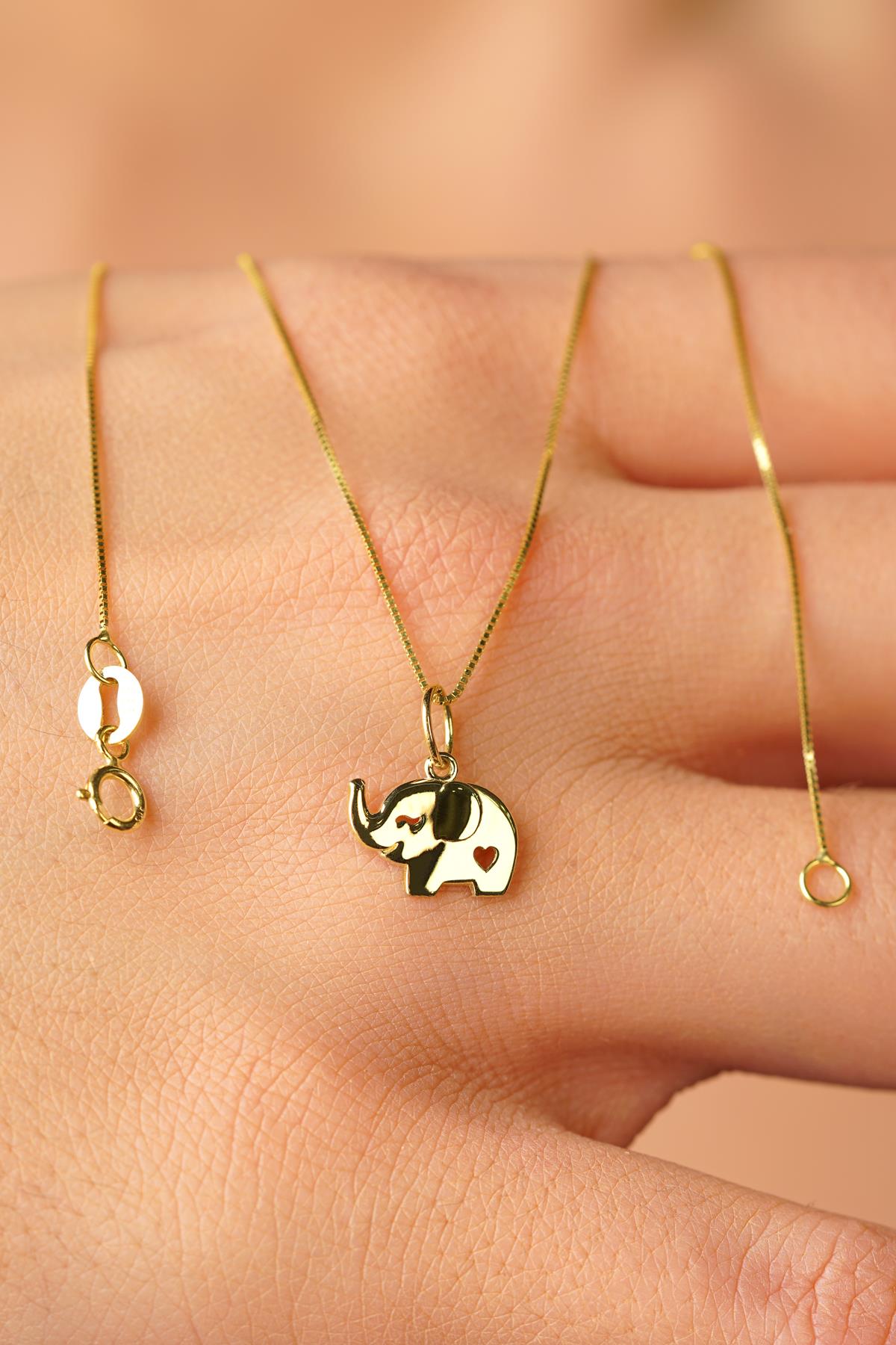 14K Gold Elephant Detailed Cube Chain Necklace