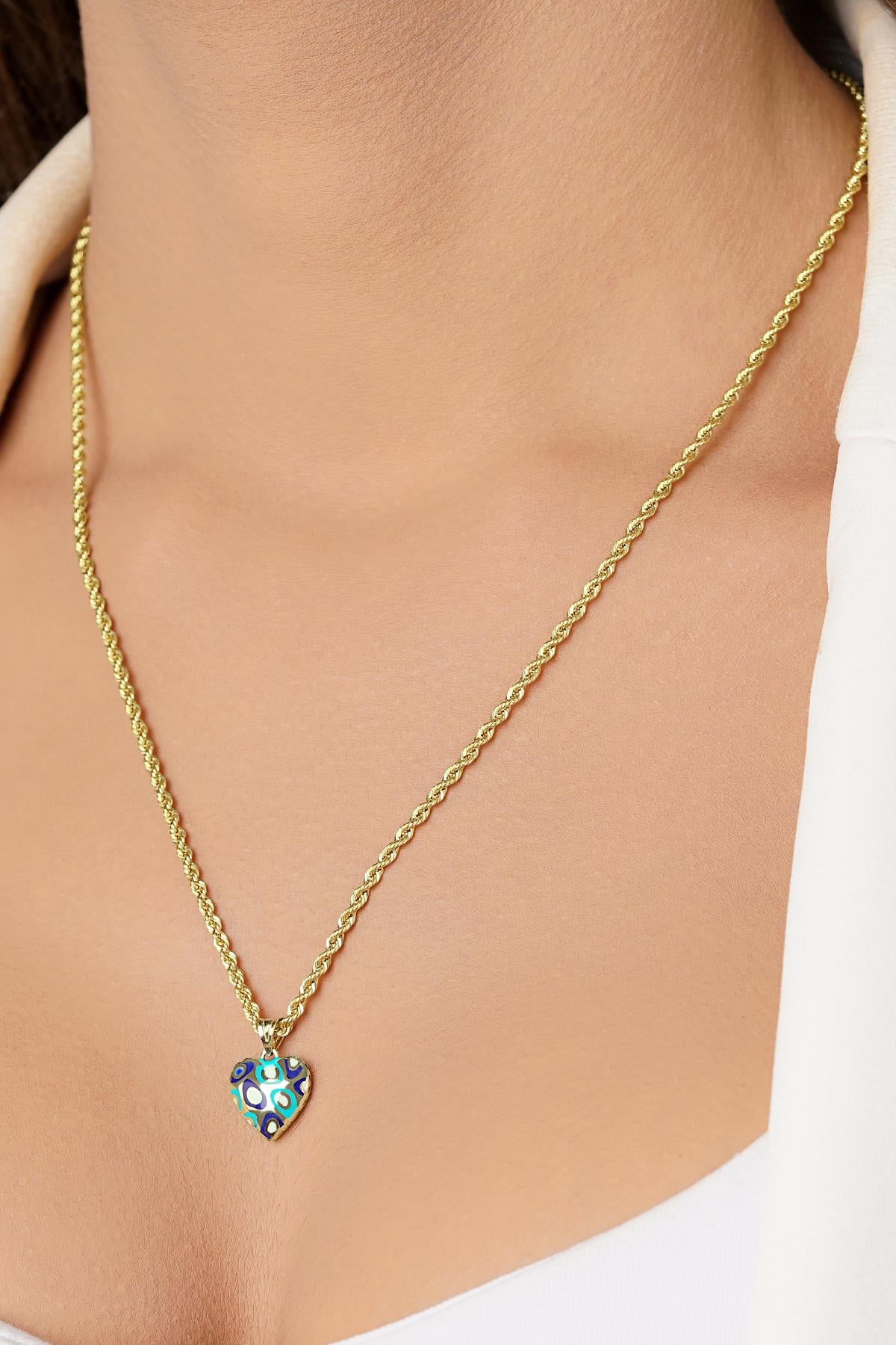 14K Gold Enamel Heart Charm on Rope Chain