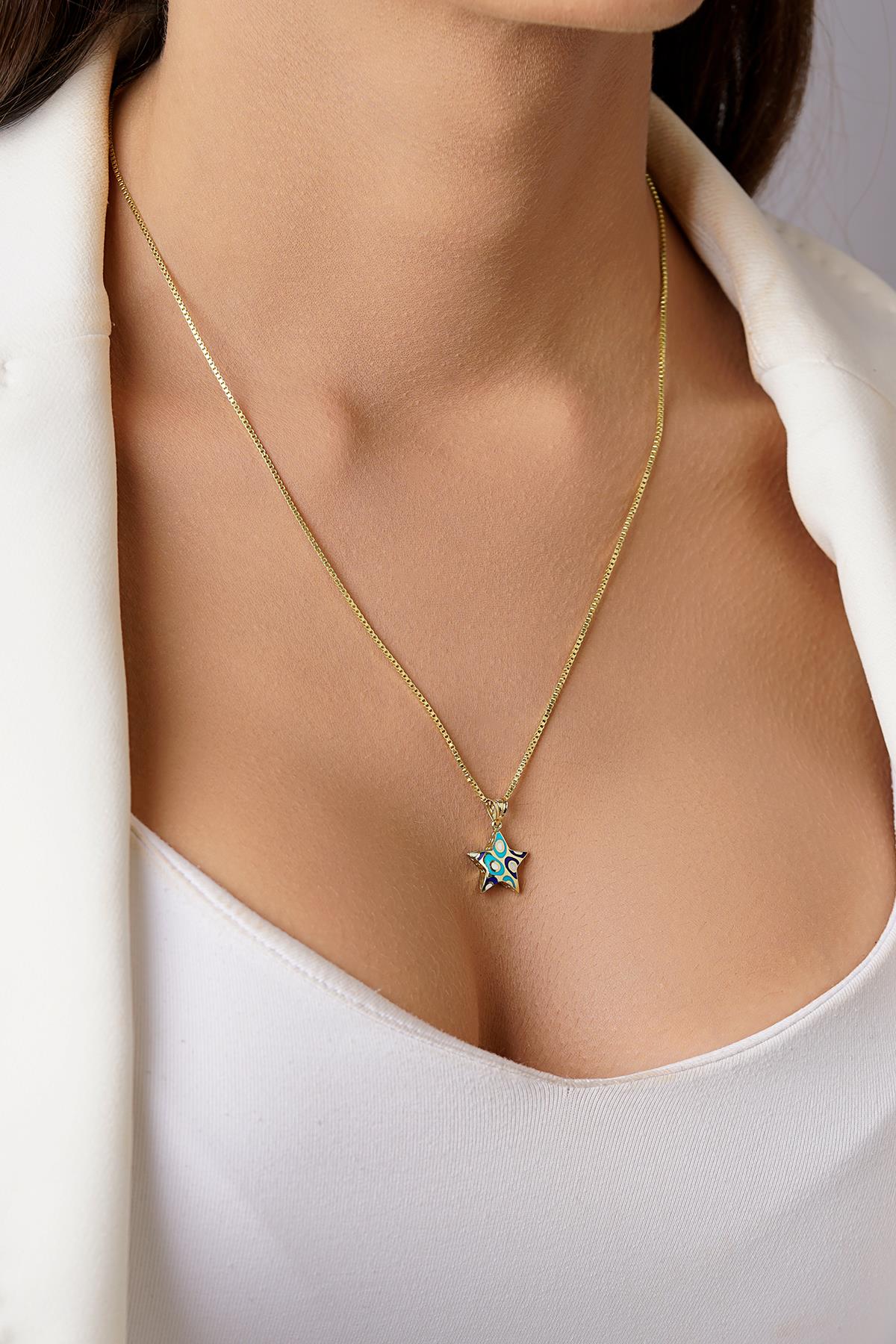 14K Gold Enamel Star Charm on Box Chain