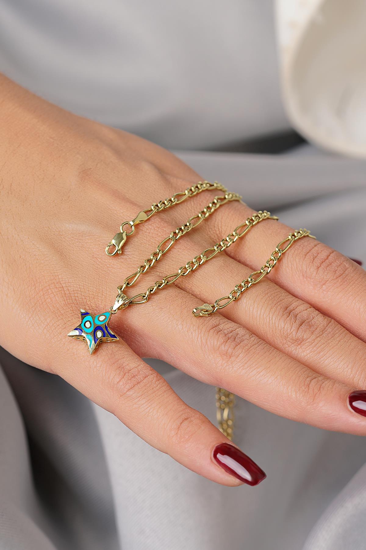 14K Gold Enamel Star on Figaro Link Chain