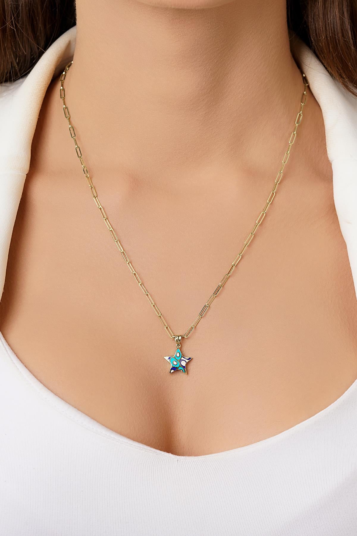 14K Gold Enamel Star on Paperclip Chain