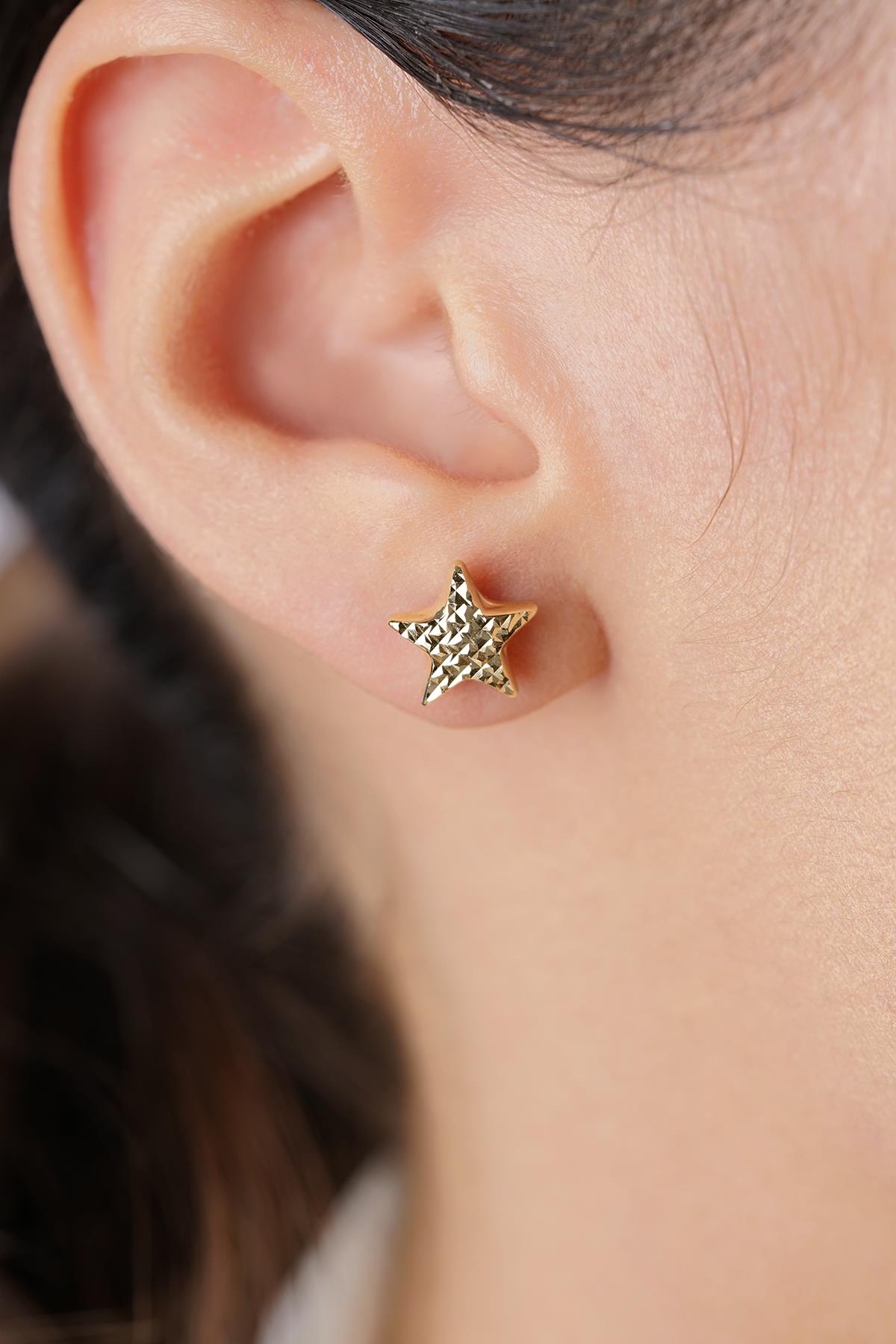 14K Gold Etched Star Stud Earrings
