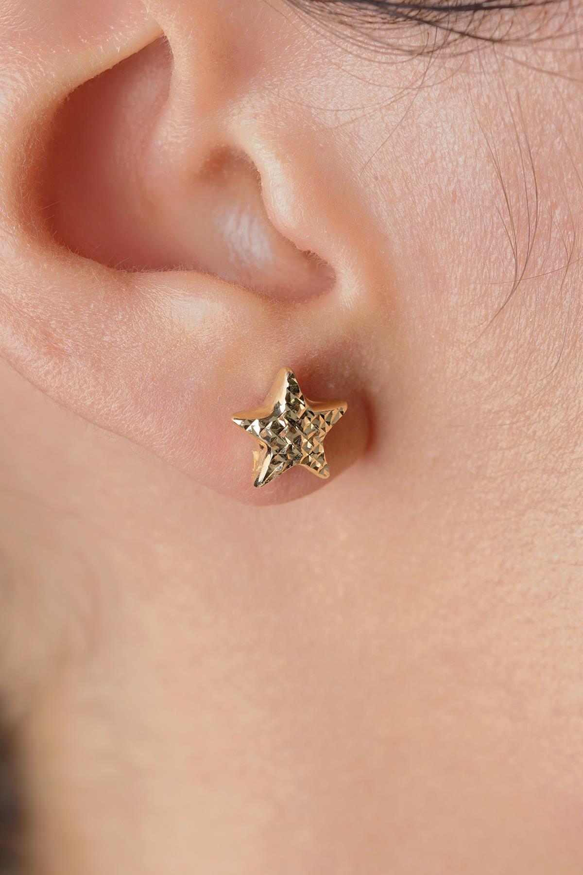 14K Gold Etched Star Stud Earrings