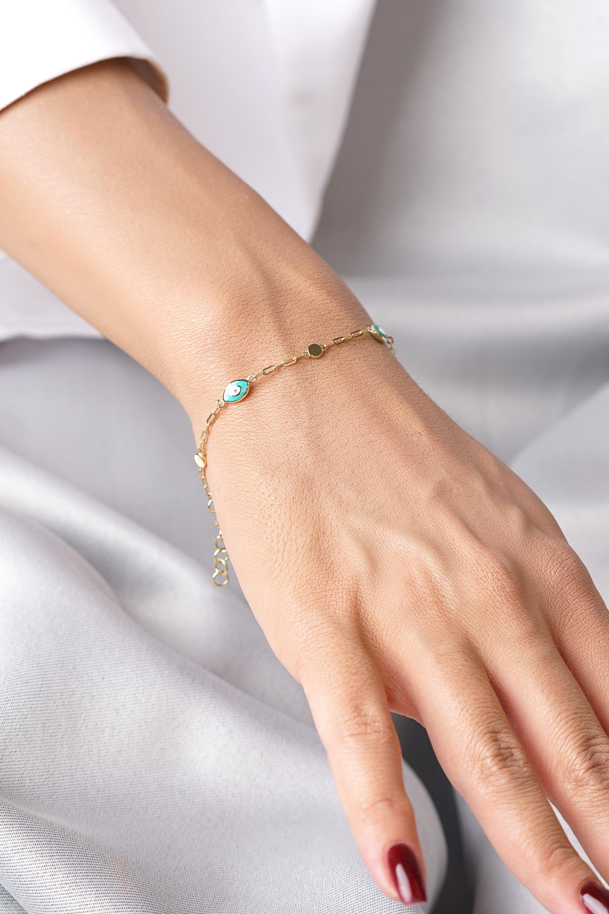 14K Solid Gold Evil Eye Charm Paperclip Bracelet