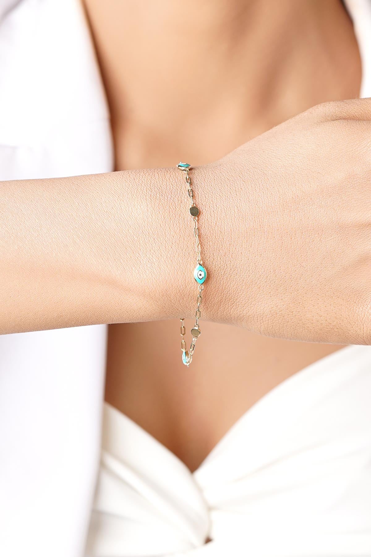 14K Gold Evil Eye Charm Paperclip Bracelet