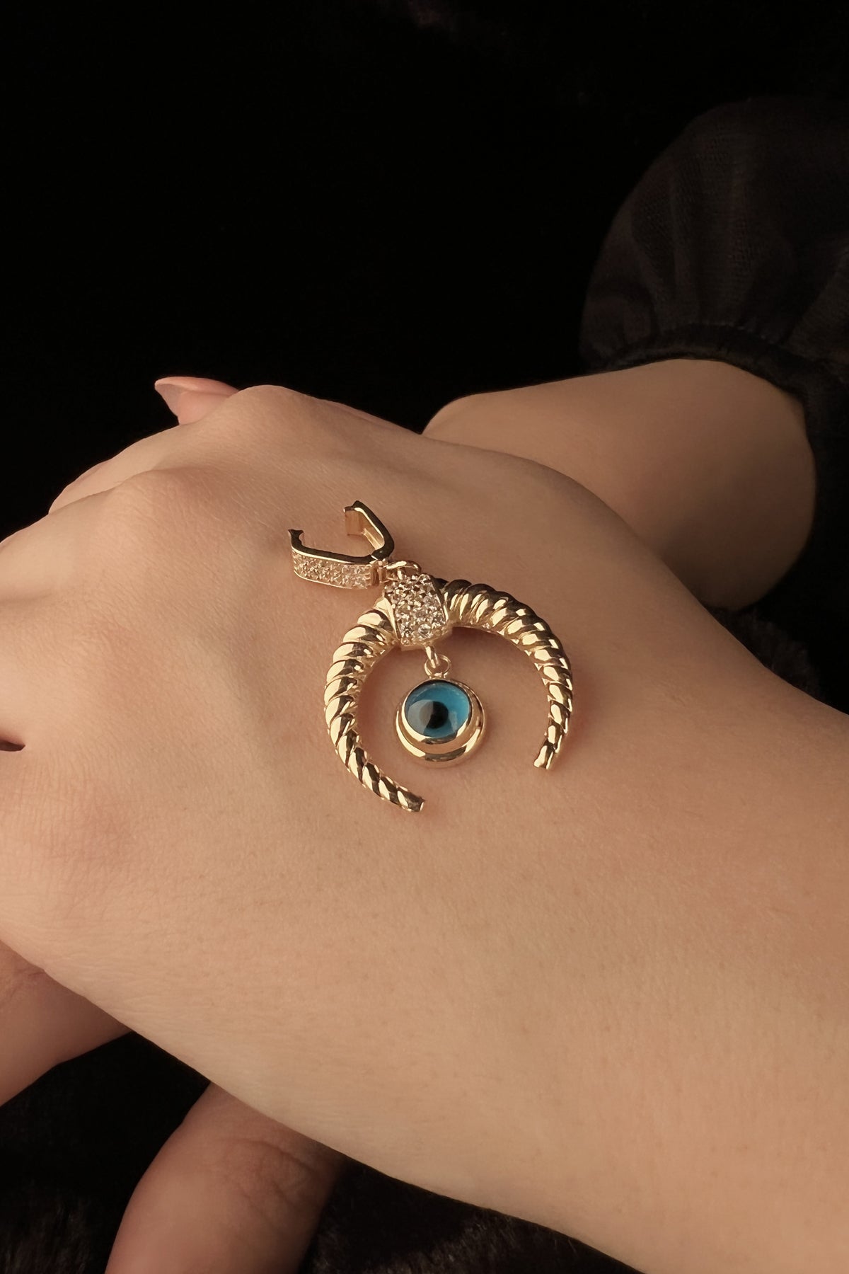 14K Gold Evil Eye Crescent Shape Charm