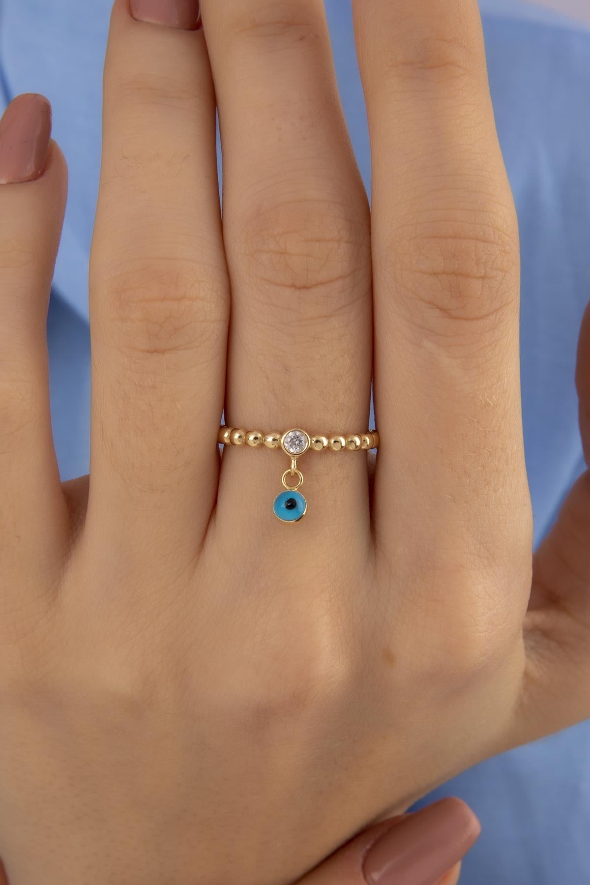14K Gold Evil Eye Dangel Ring