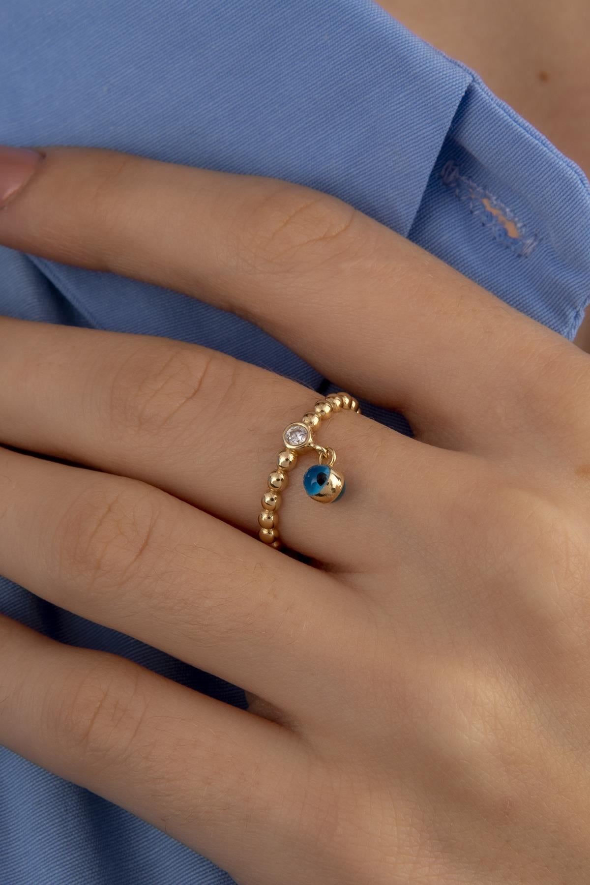 14K Gold Evil Eye Dangel Ring