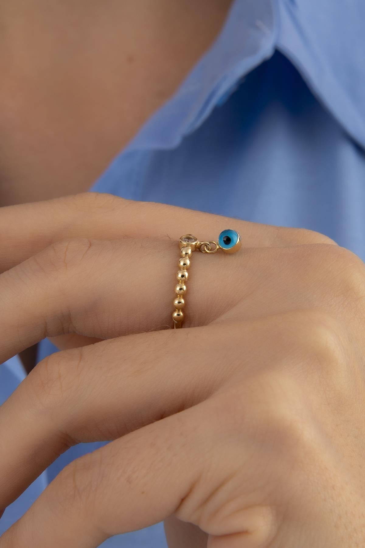 14K Gold Evil Eye Dangel Ring